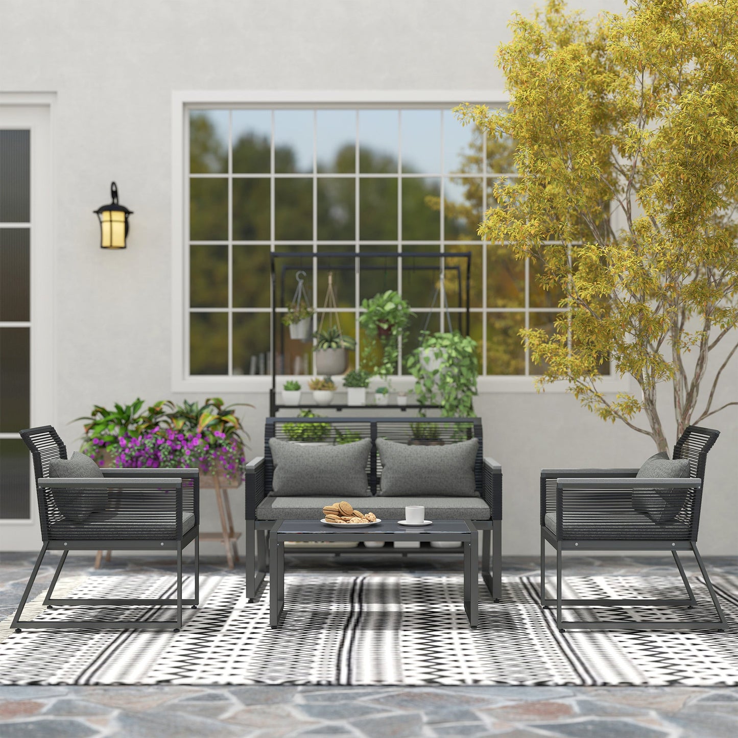 4 Pieces Rattan Garden Furniture Set, Metal Frame Outdoor Furniture Sofa Set with Cushions, Pillows & Tempered Glass Top Table, Wicker Garden Sofa for Conservatory, Patio, Charcoal Grey