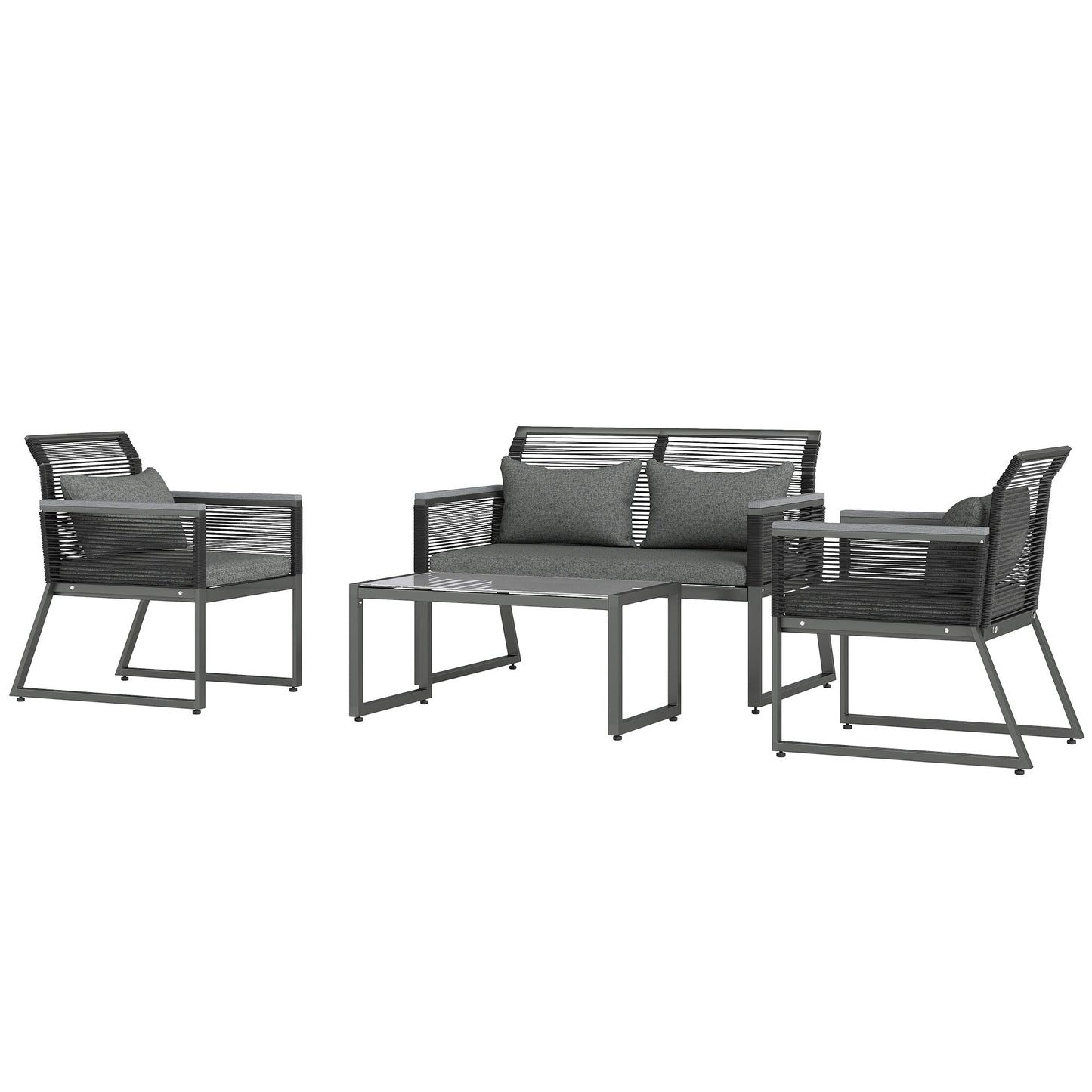 4 Pieces Rattan Garden Furniture Set, Metal Frame Outdoor Furniture Sofa Set with Cushions, Pillows & Tempered Glass Top Table, Wicker Garden Sofa for Conservatory, Patio, Charcoal Grey