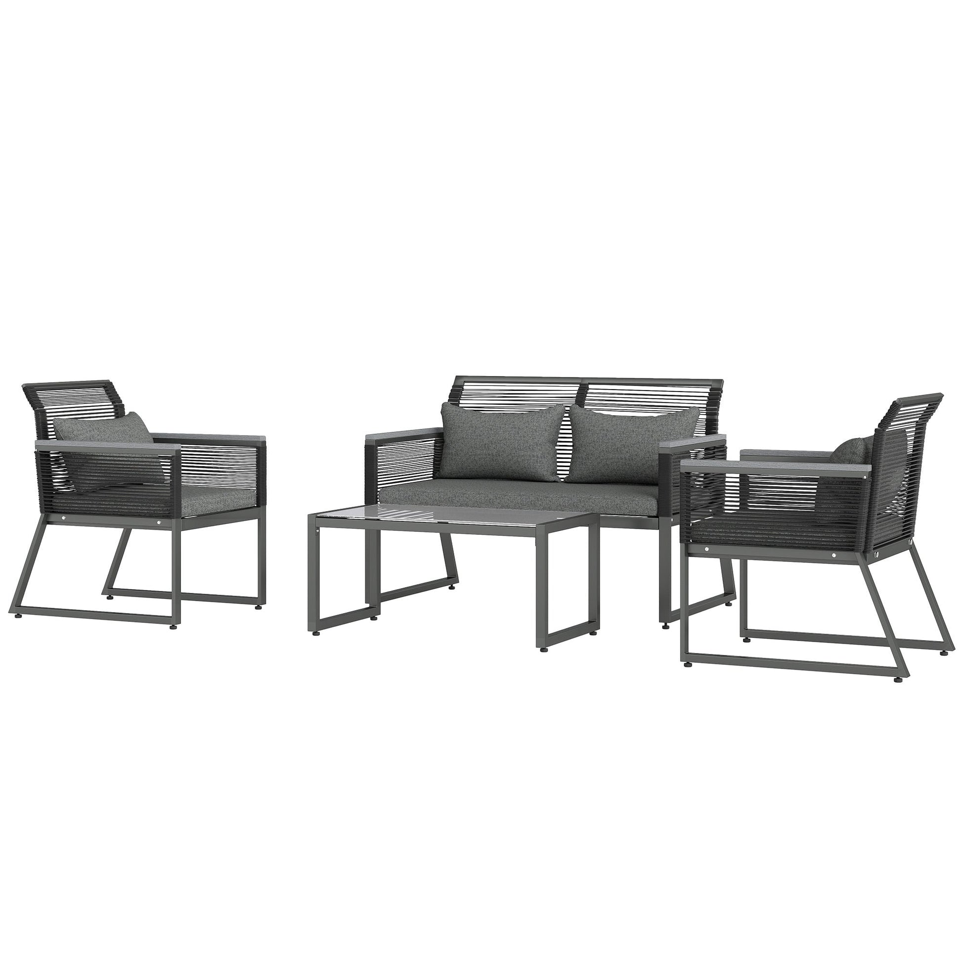 4 Pieces Rattan Garden Furniture Set, Metal Frame Outdoor Furniture Sofa Set with Cushions, Pillows & Tempered Glass Top Table, Wicker Garden Sofa for Conservatory, Patio, Charcoal Grey