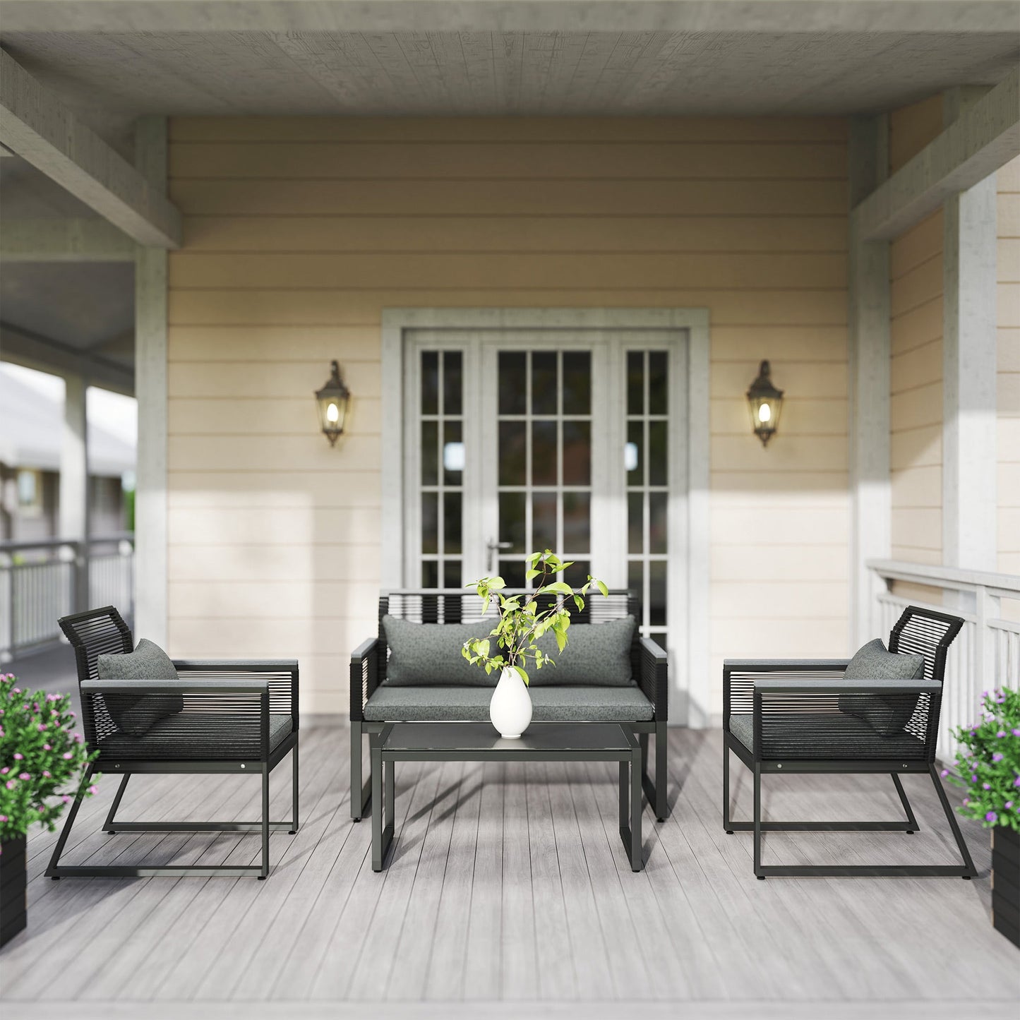 4 Pieces Rattan Garden Furniture Set, Metal Frame Outdoor Furniture Sofa Set with Cushions, Pillows & Tempered Glass Top Table, Wicker Garden Sofa for Conservatory, Patio, Charcoal Grey