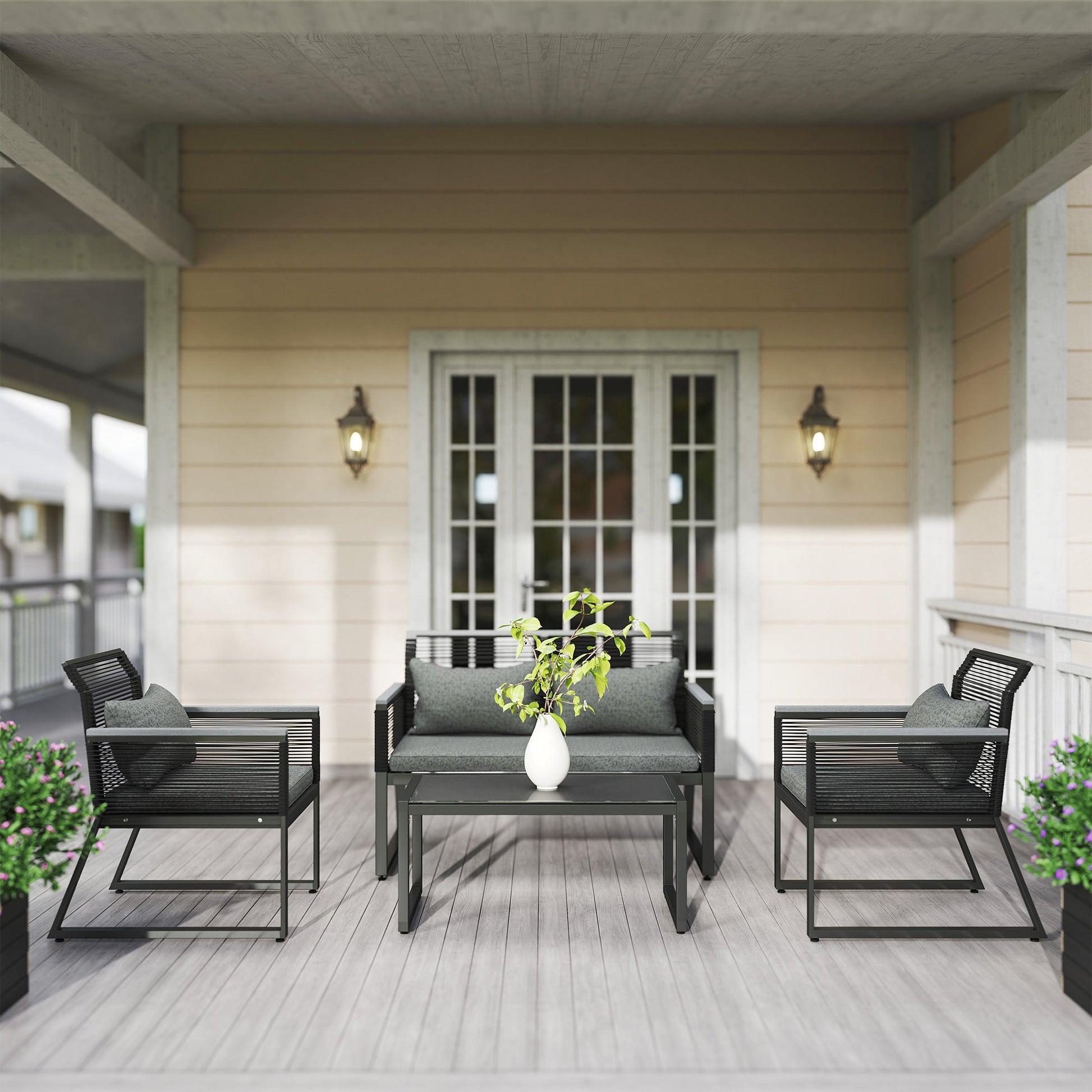 4 Pieces Rattan Garden Furniture Set, Metal Frame Outdoor Furniture Sofa Set with Cushions, Pillows & Tempered Glass Top Table, Wicker Garden Sofa for Conservatory, Patio, Charcoal Grey
