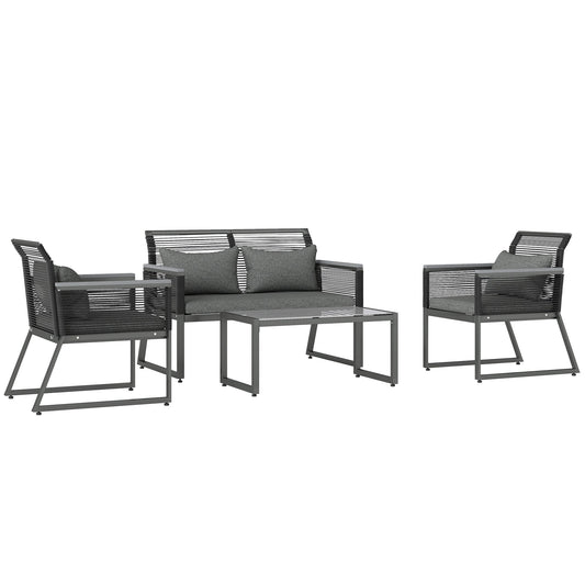 4 Pieces Rattan Garden Furniture Set, Metal Frame Outdoor Furniture Sofa Set with Cushions, Pillows & Tempered Glass Top Table, Wicker Garden Sofa for Conservatory, Patio, Charcoal Grey