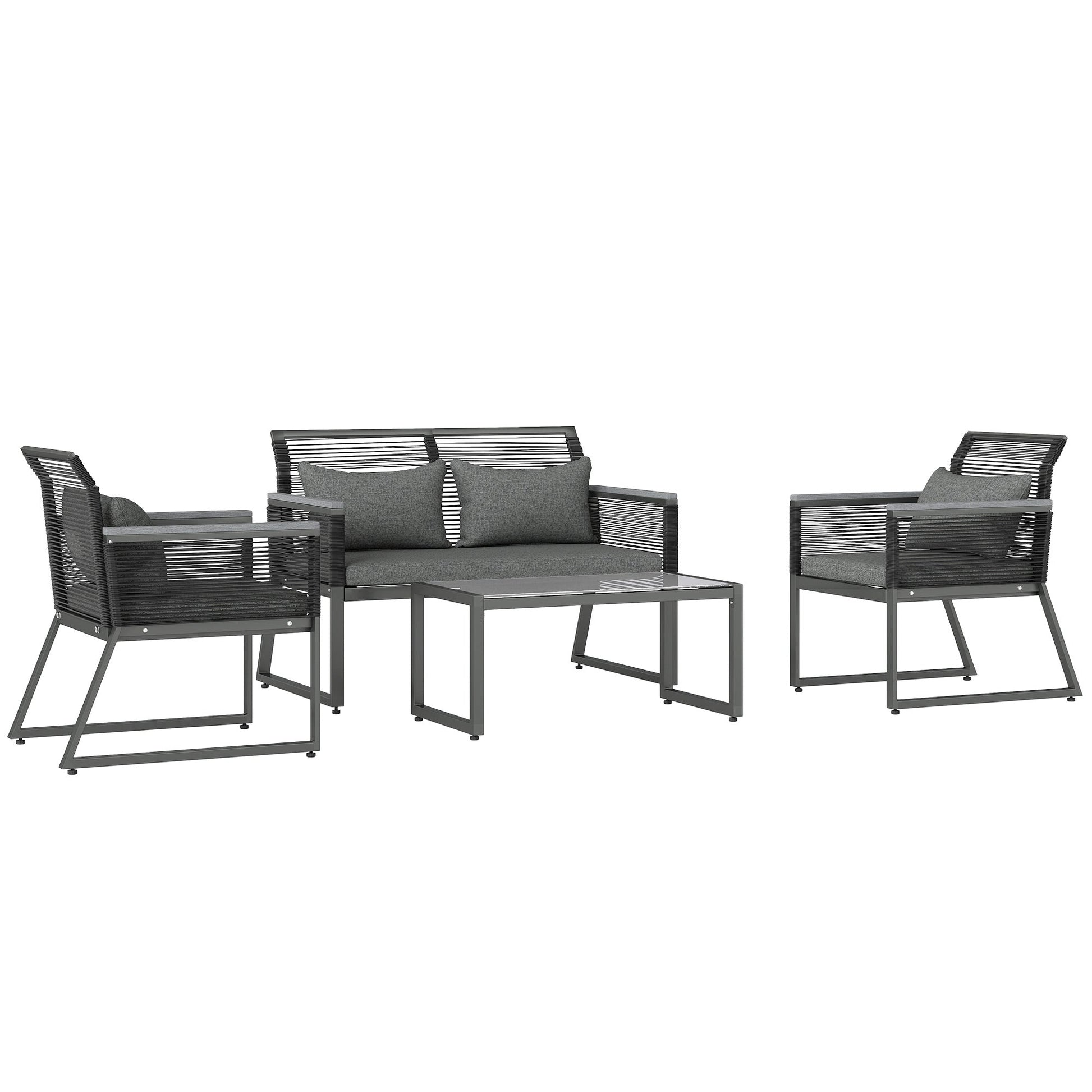 4 Pieces Rattan Garden Furniture Set, Metal Frame Outdoor Furniture Sofa Set with Cushions, Pillows & Tempered Glass Top Table, Wicker Garden Sofa for Conservatory, Patio, Charcoal Grey