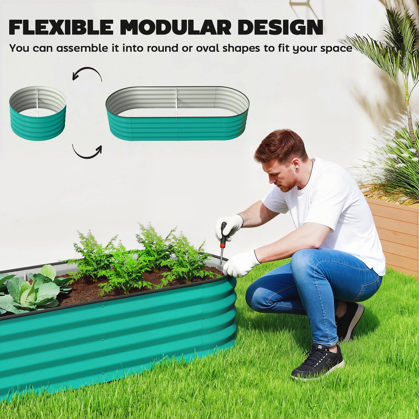 Set of 2 Raised Beds for Garden, Outdoor Galvanised Planter Box with Plant Support Stakes, Rubber Strap Edging and Bottomless for Flower, Vegetable, 150 x 60 x 30 cm, Green