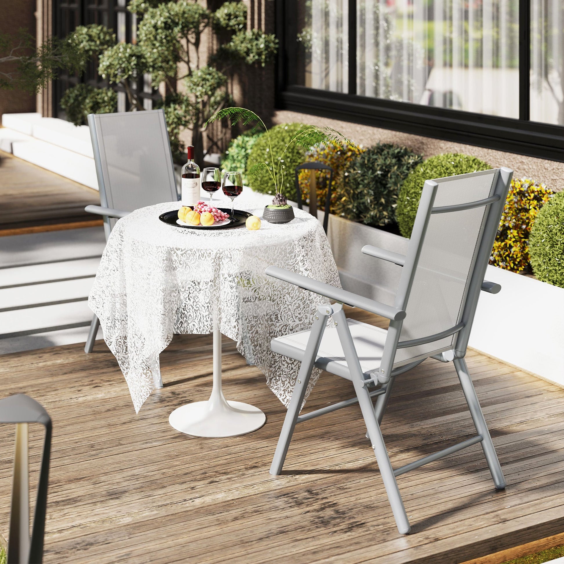 Set of 2 Folding Chair, Aluminium Frame Outdoor Camping Chairs with Breathable Mesh Back and Seat, Garden Chair Set with Armrests for Balcony, Light Grey