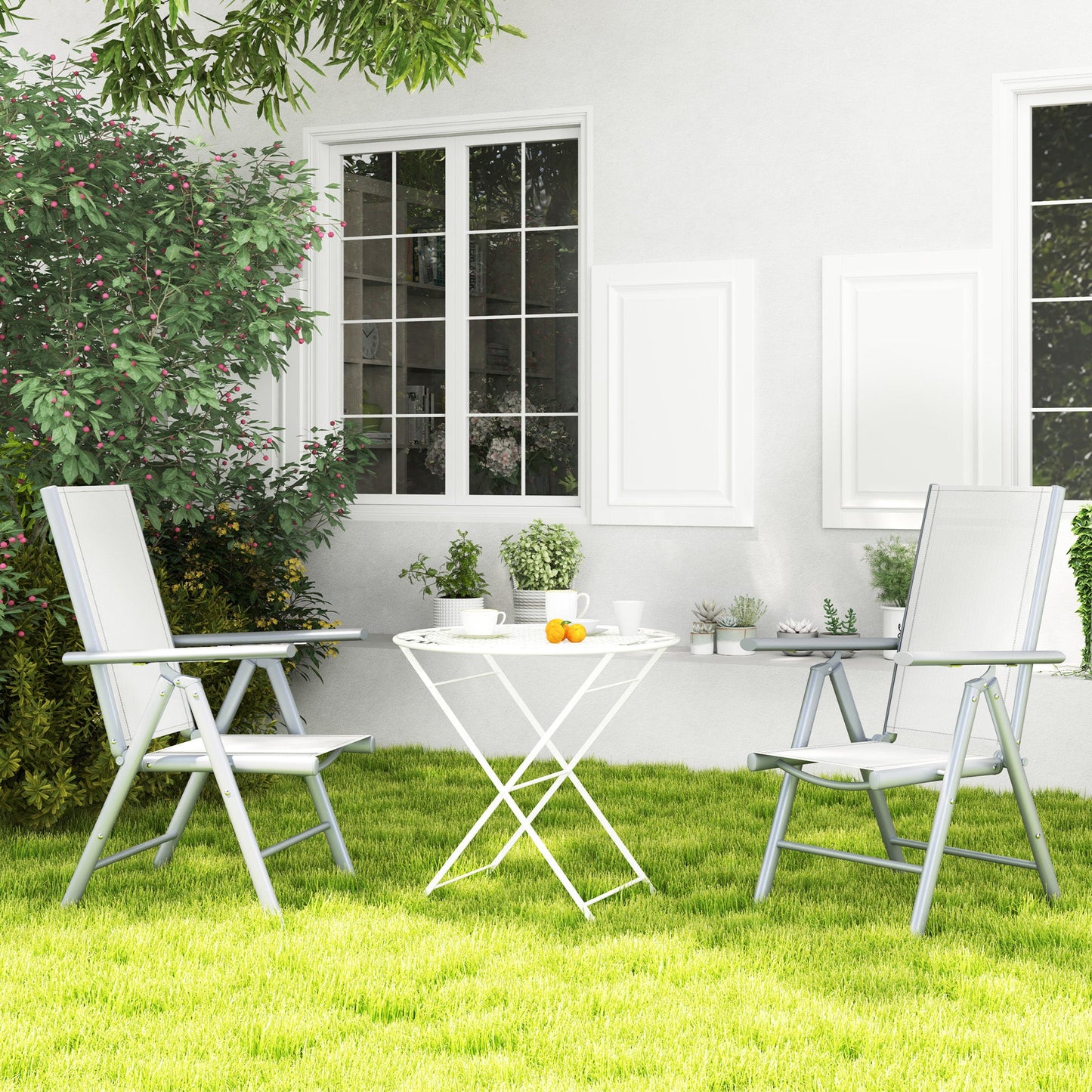 Set of 2 Folding Chair, Aluminium Frame Outdoor Camping Chairs with Breathable Mesh Back and Seat, Garden Chair Set with Armrests for Balcony, Light Grey