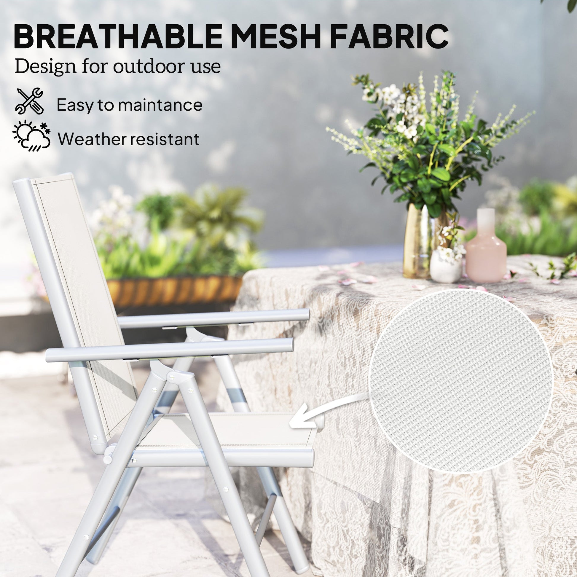 Set of 2 Folding Chair, Aluminium Frame Outdoor Camping Chairs with Breathable Mesh Back and Seat, Garden Chair Set with Armrests for Balcony, Light Grey