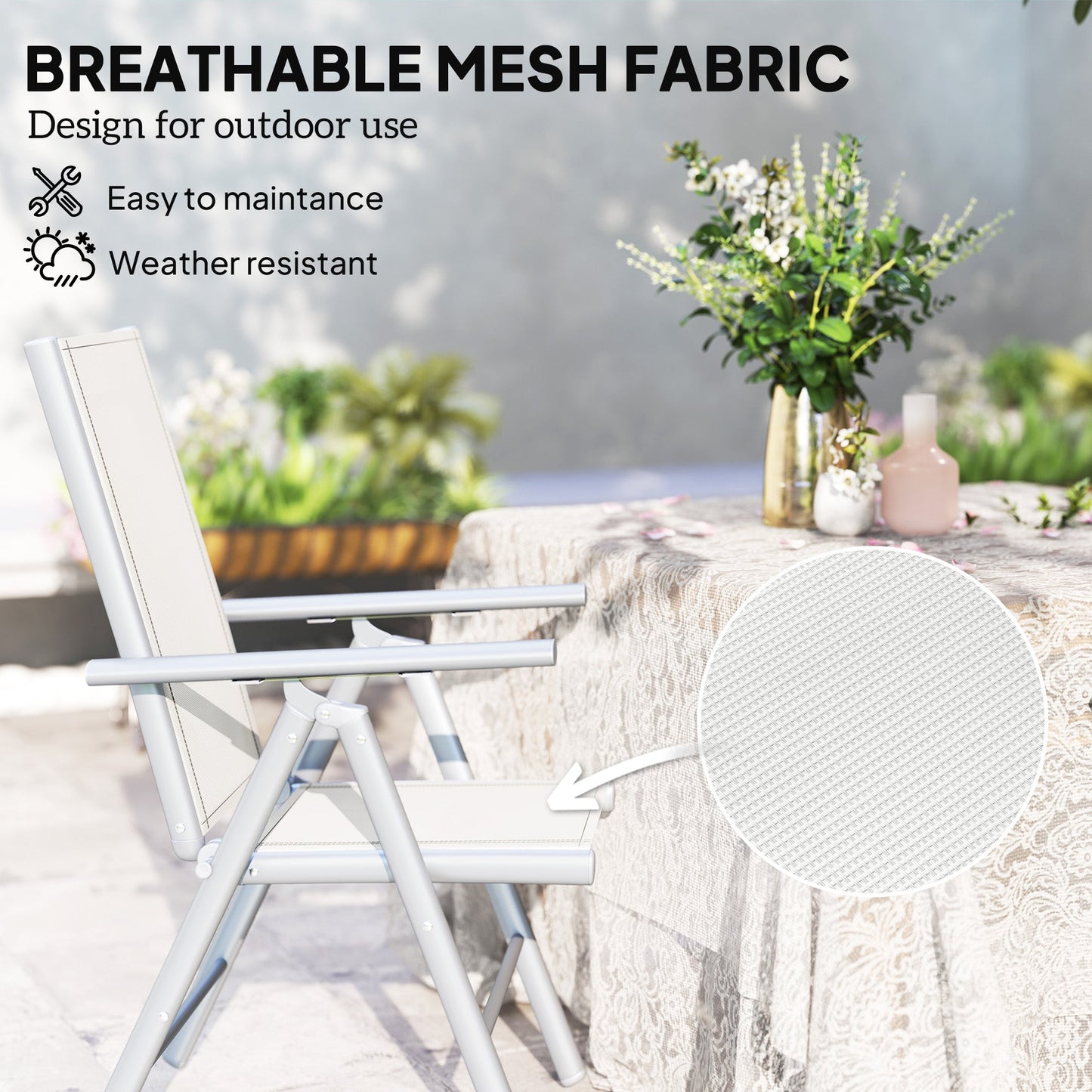 Set of 2 Folding Chair, Aluminium Frame Outdoor Camping Chairs with Breathable Mesh Back and Seat, Garden Chair Set with Armrests for Balcony, Light Grey