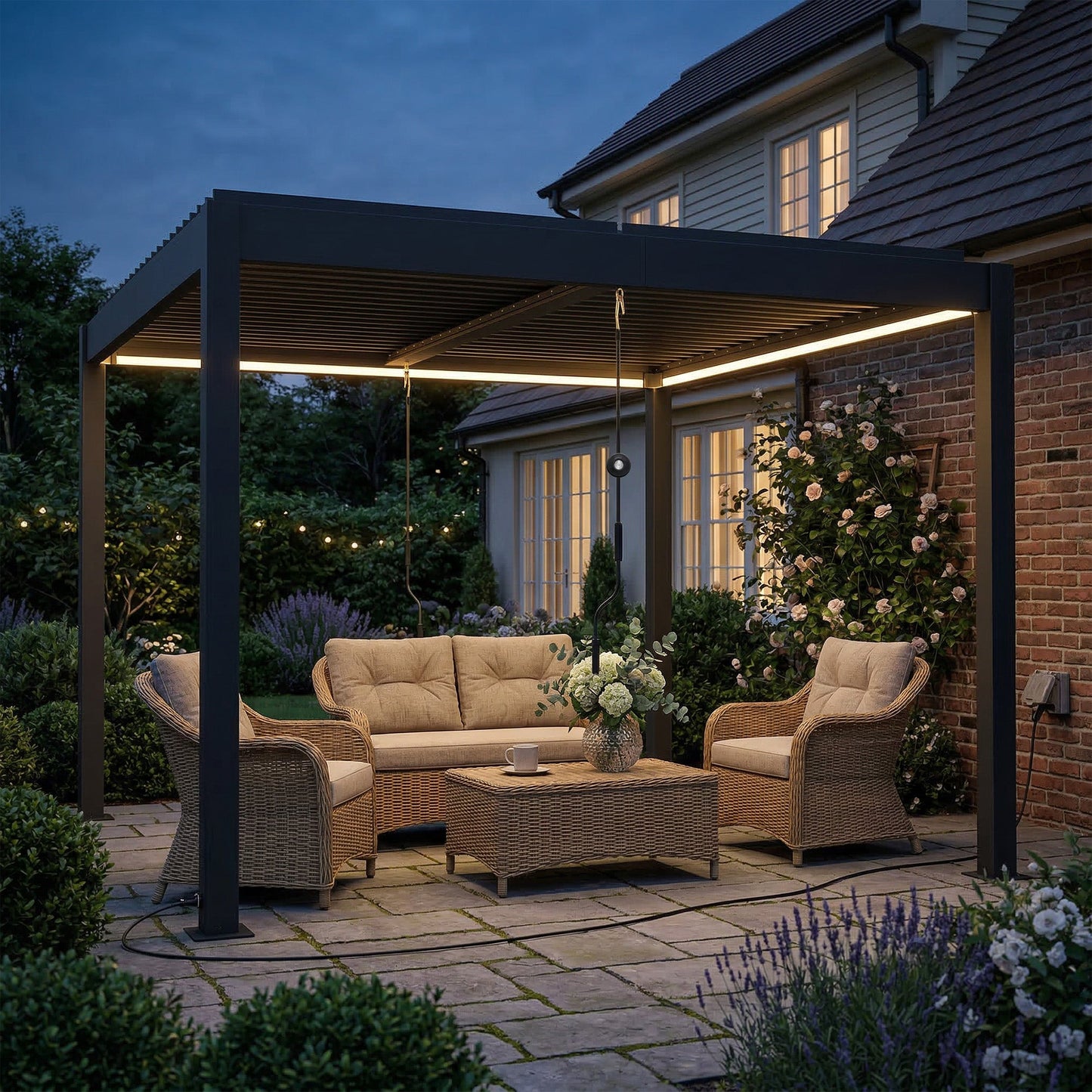 3 x 3 m Louvered Pergola with LED Lights, Adjustable Metal Louvred Roof, Aluminium Patio Gazebo Pergola Canopy with Drainage Gutters, Handles, Remote for Garden Outdoor, Dark Grey