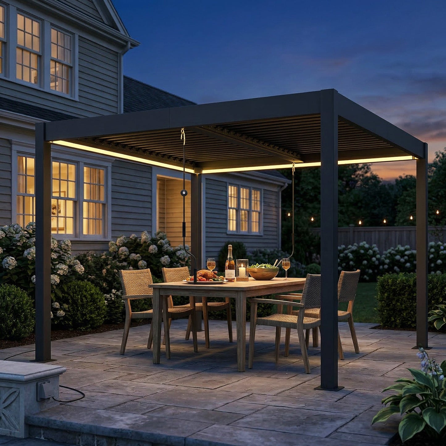 3 x 3 m Louvered Pergola with LED Lights, Adjustable Metal Louvred Roof, Aluminium Patio Gazebo Pergola Canopy with Drainage Gutters, Handles, Remote for Garden Outdoor, Dark Grey