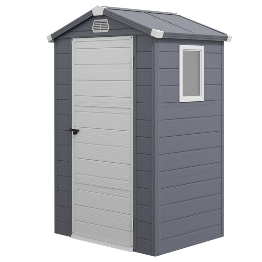 4 x 3ft Plastic Garden Storage Shed with Foundation Kit, Polypropylene Outdoor Storage Tool House with Ventilation Slots and Lockable Door, Grey
