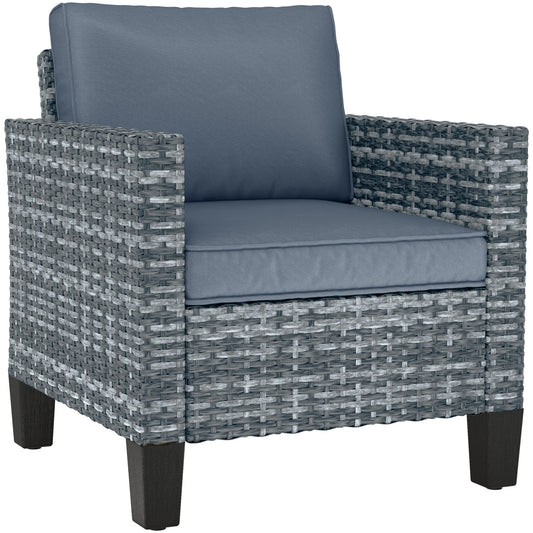 Single Seater Rattan Garden Armchair, PE Wicker Rattan Chair with Armrests and Cushions, Garden Chair with Galvanised Steel Frame for Conservatory, Porch, Light Grey