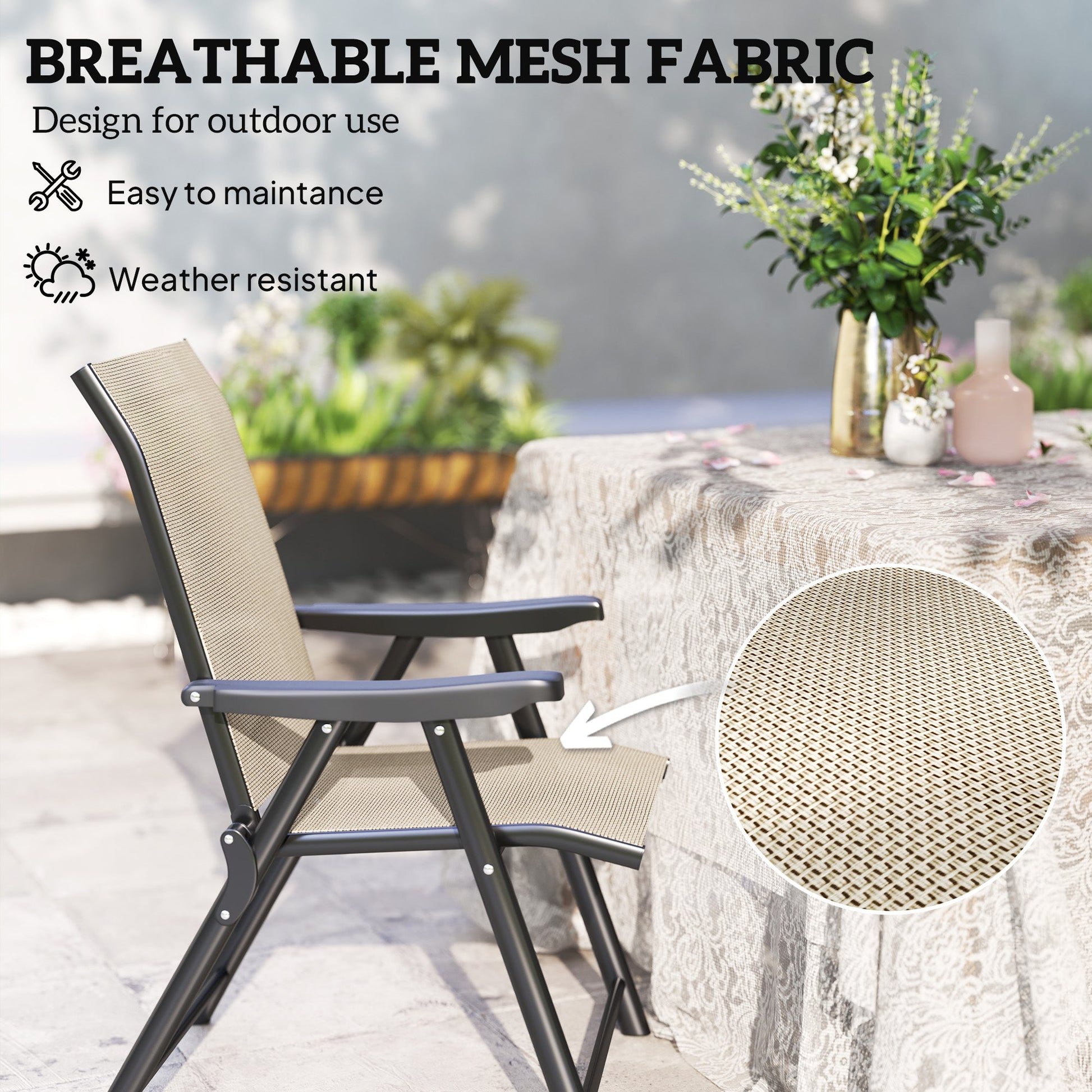 Set of 2 Folding Chair, Garden Chair Set with Breathable Mesh Back and Seat, Outdoor Camping Chairs with Armrests, Steel Frame for Deck Balcony, Brown