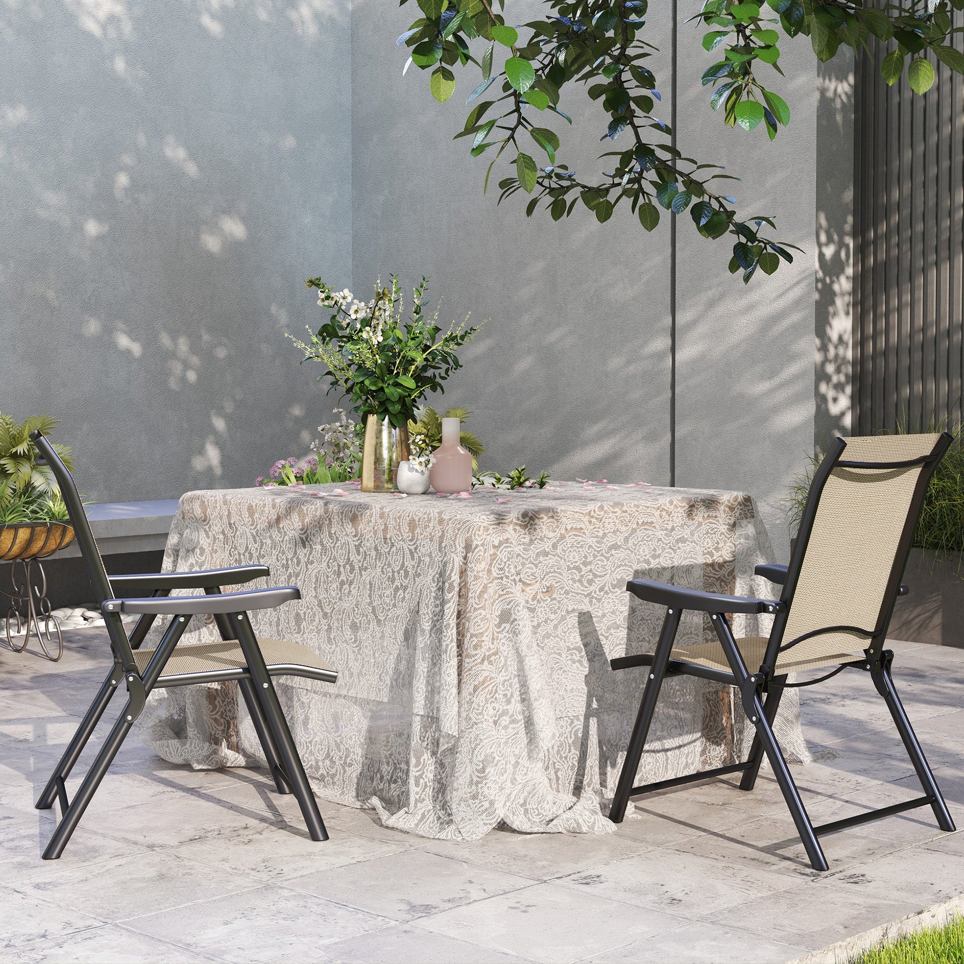 Set of 2 Folding Chair, Garden Chair Set with Breathable Mesh Back and Seat, Outdoor Camping Chairs with Armrests, Steel Frame for Deck Balcony, Brown