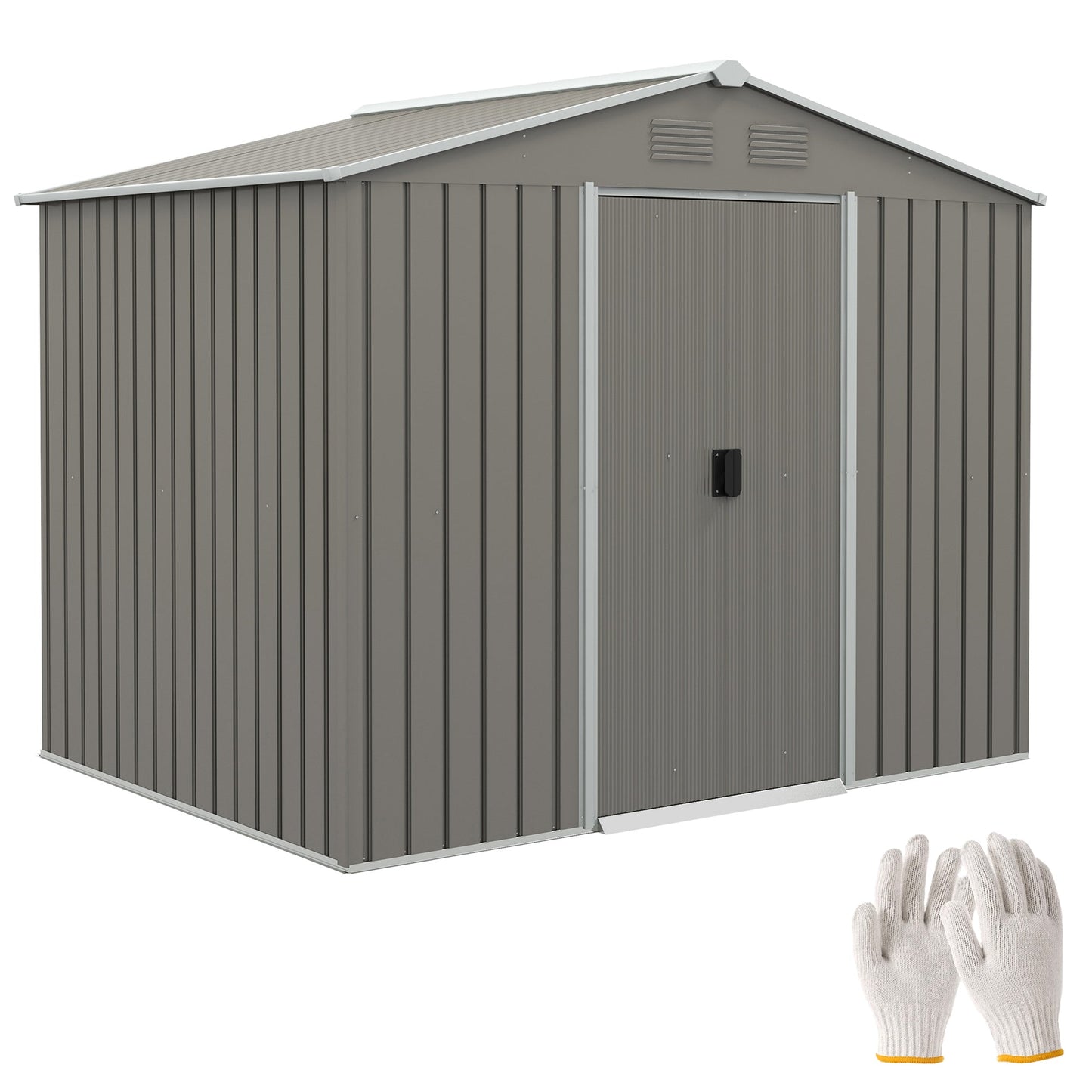7.7 x 5.7ft Metal Garden Shed, Galvanised Outdoor Tool Storage House with Ventilation Slots and Sliding Doors, Light Grey