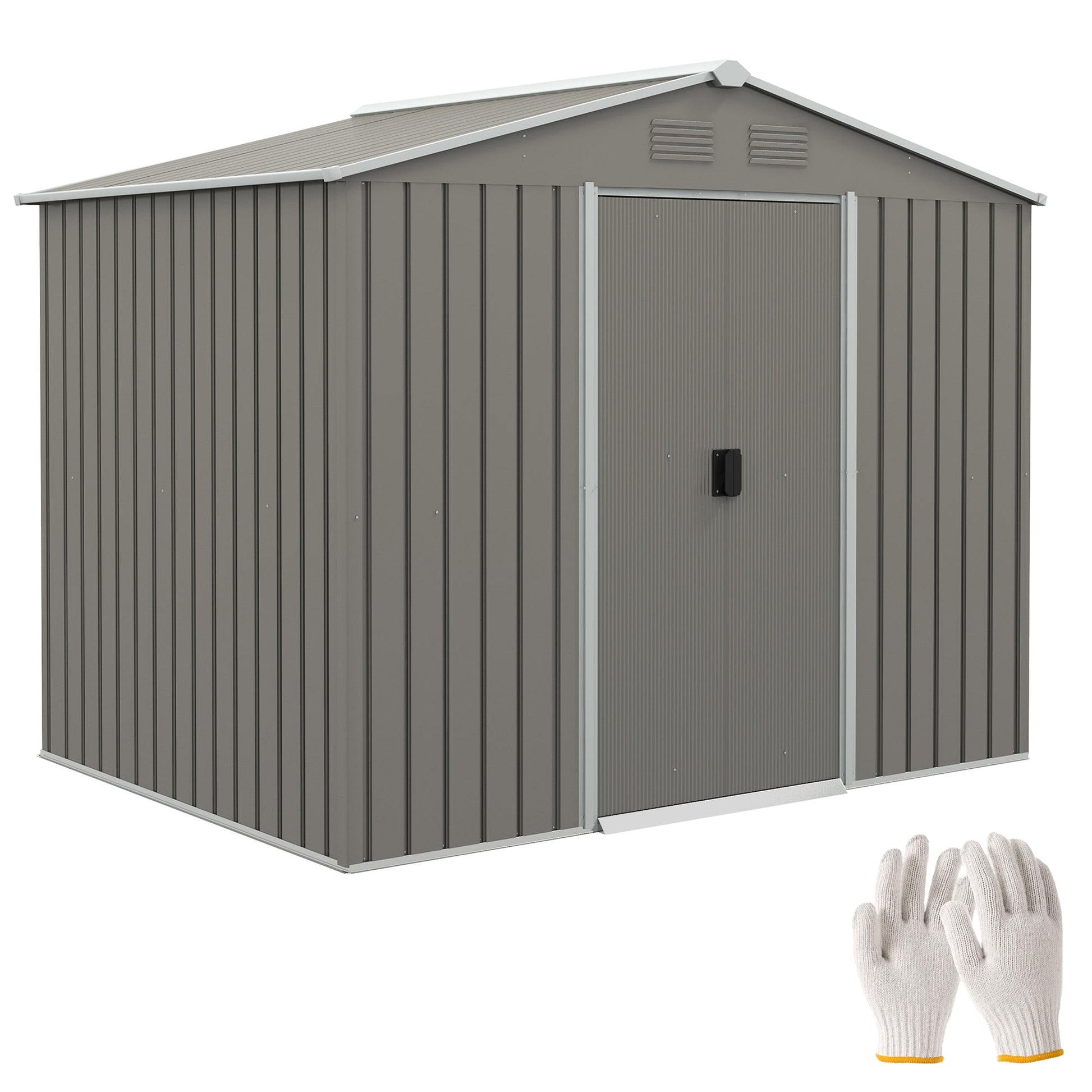 7.7 x 5.7ft Metal Garden Shed, Galvanised Outdoor Tool Storage House with Ventilation Slots and Sliding Doors, Light Grey