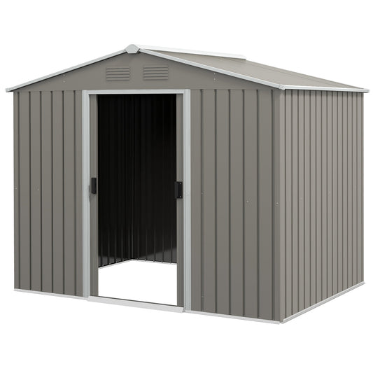 7.7 x 5.7ft Metal Garden Shed, Galvanised Outdoor Tool Storage House with Ventilation Slots and Sliding Doors, Light Grey