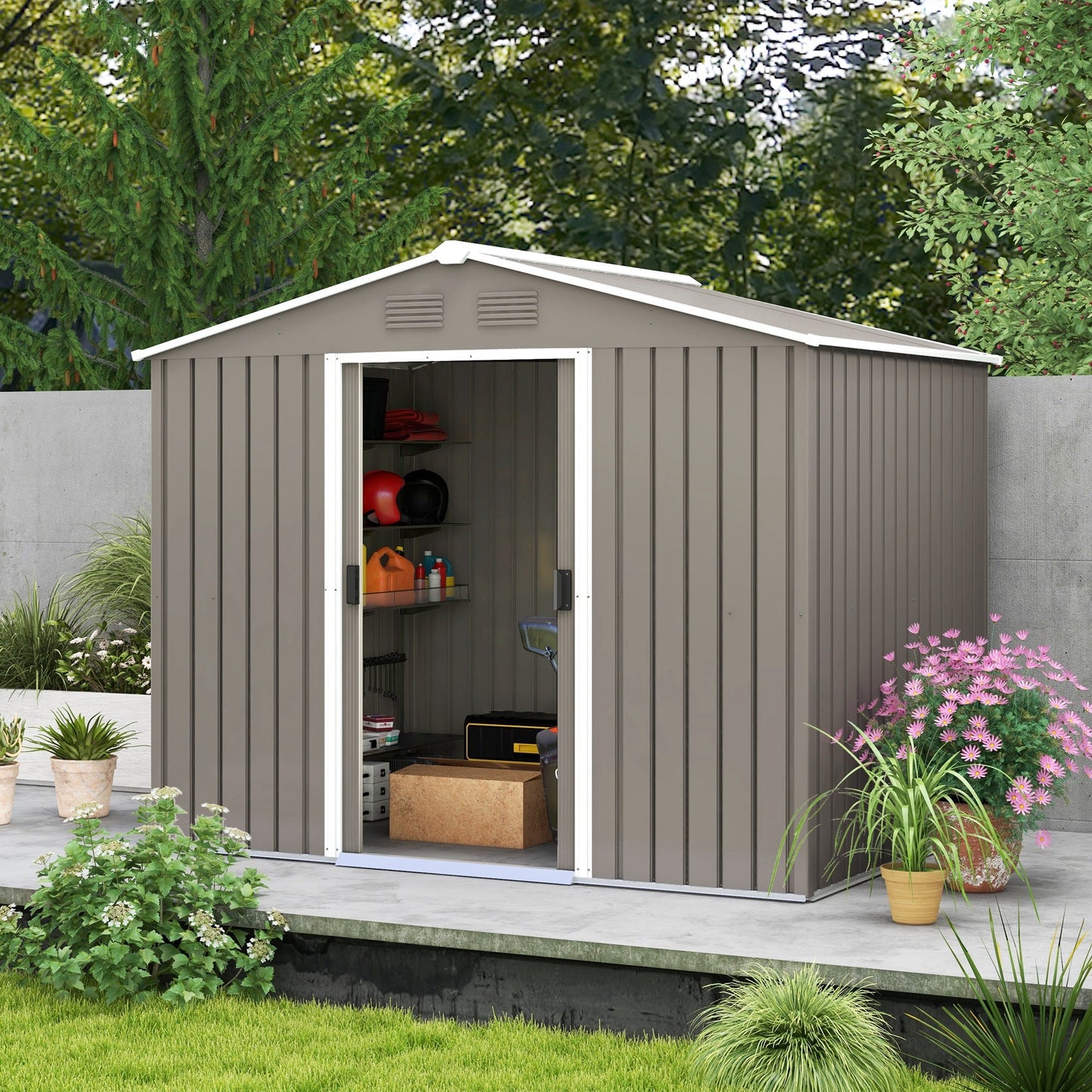 7.7 x 5.7ft Metal Garden Shed, Galvanised Outdoor Tool Storage House with Ventilation Slots and Sliding Doors, Light Grey