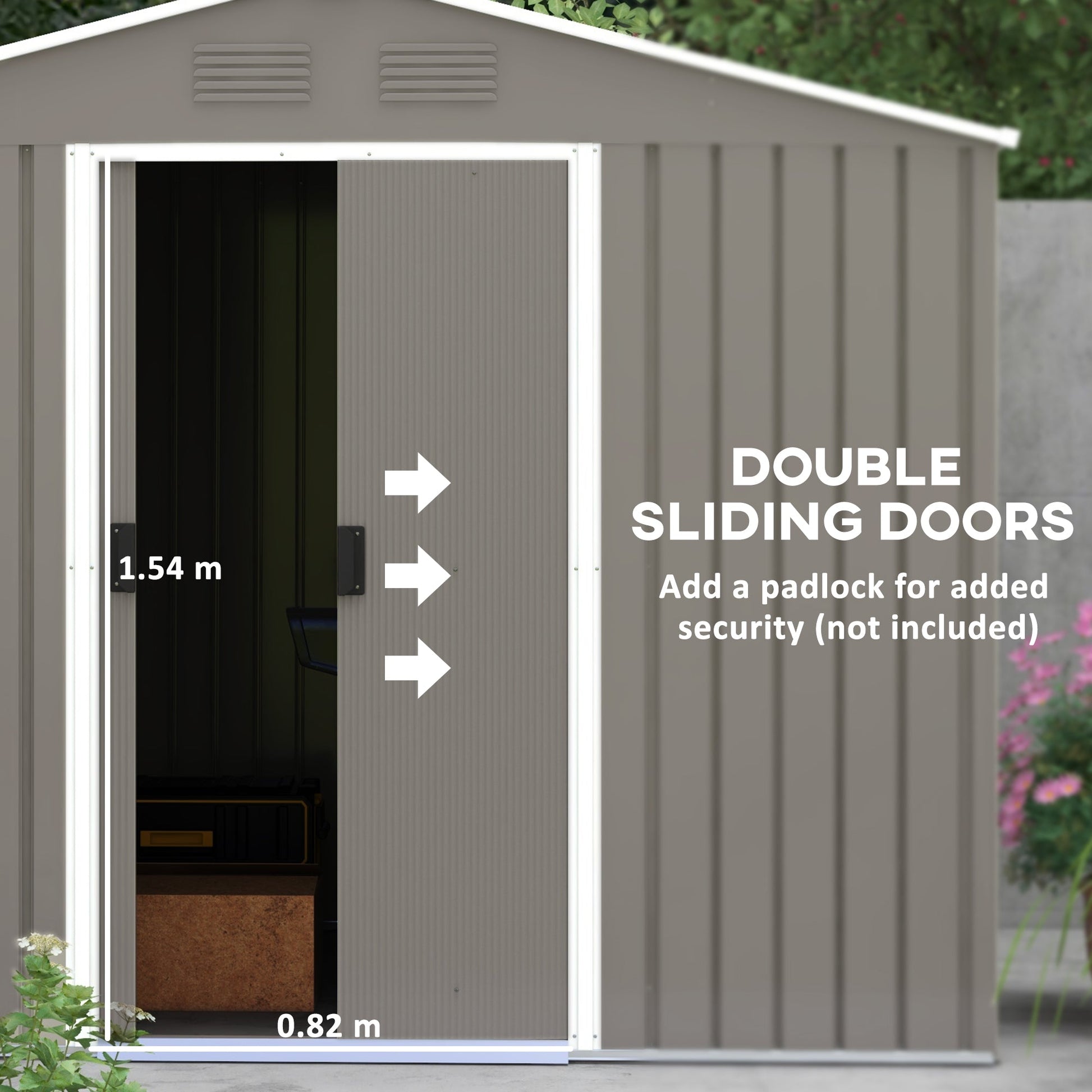 7.7 x 5.7ft Metal Garden Shed, Galvanised Outdoor Tool Storage House with Ventilation Slots and Sliding Doors, Light Grey