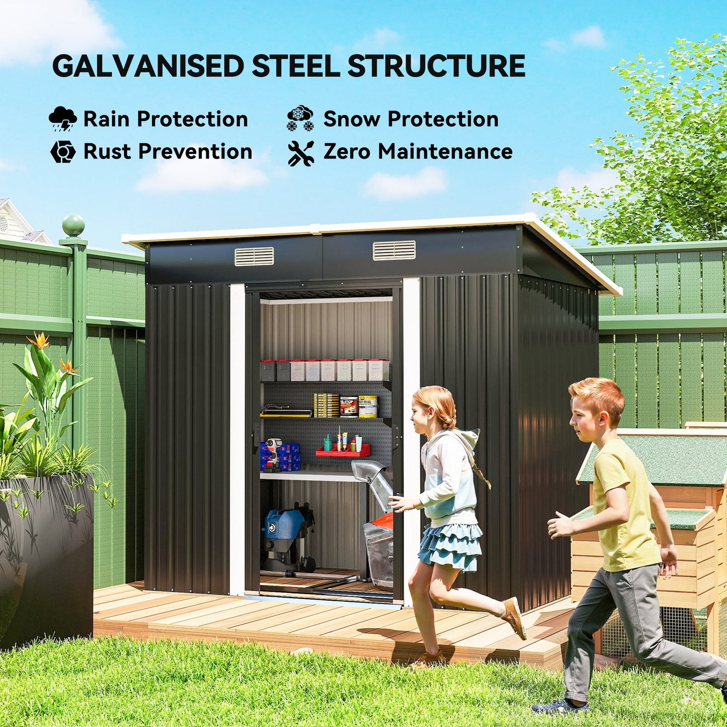 7 x 4ft Outdoor Storage Shed with Foundation Kit, Lean to Metal Garden Shed for Log, Rubbish Bin, Tool, Lawnmower, Bike, Patio Use, Black