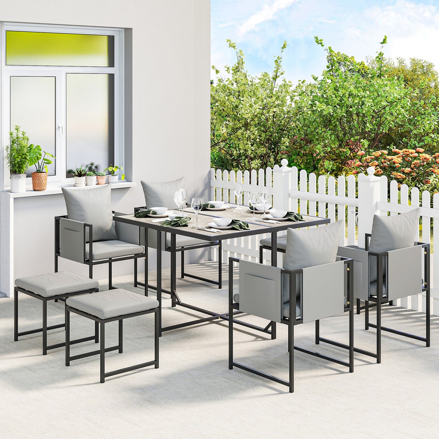 9 Piece Garden Dining Set, Cube Outdoor Garden Furniture Set with Cushions, 8 Seater Garden Table and Chairs with 4 Stools, Square Plastic Top Table, Side Pockets for Conservatory, Dark Grey