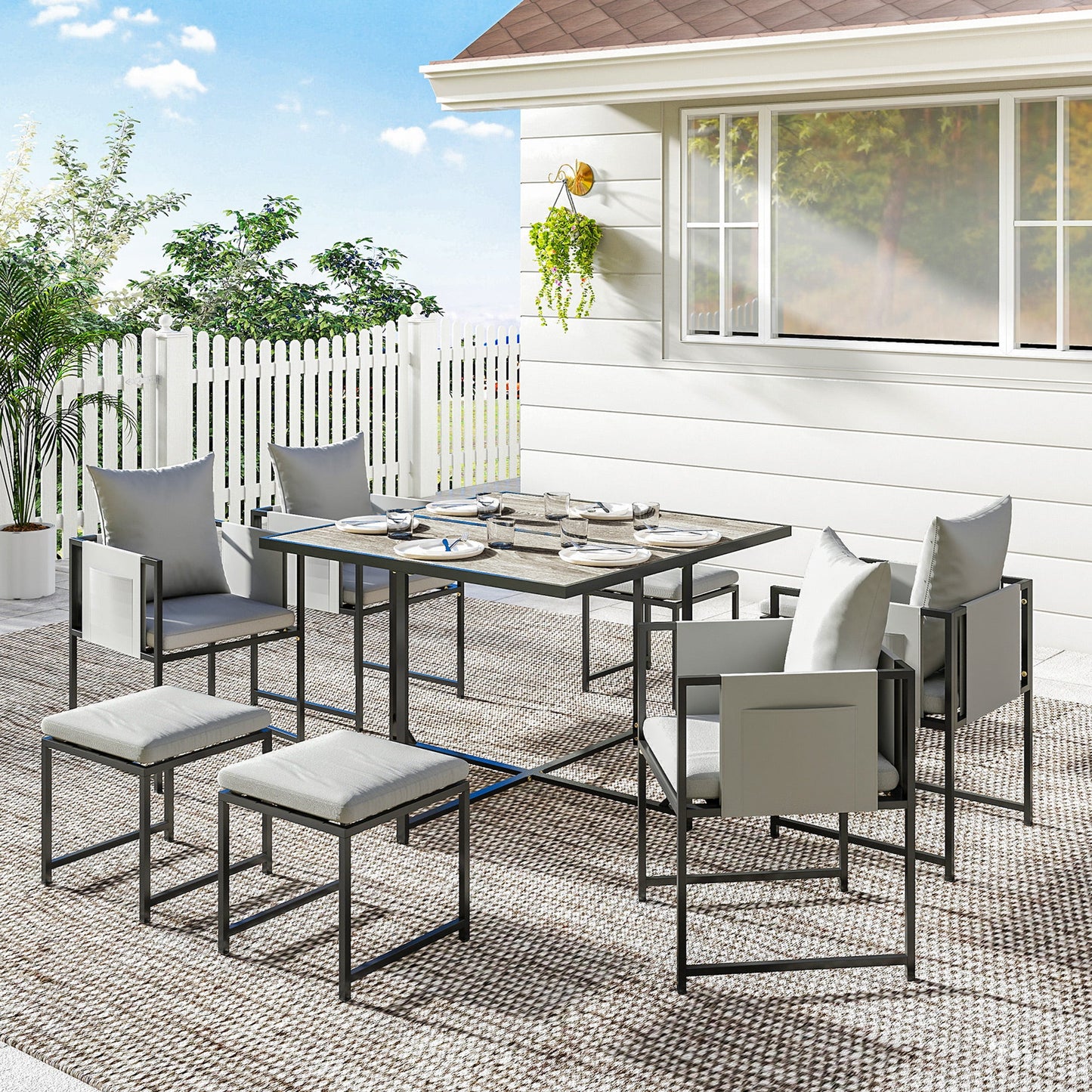 9 Piece Garden Dining Set, Cube Outdoor Garden Furniture Set with Cushions, 8 Seater Garden Table and Chairs with 4 Stools, Square Plastic Top Table, Side Pockets for Conservatory, Dark Grey