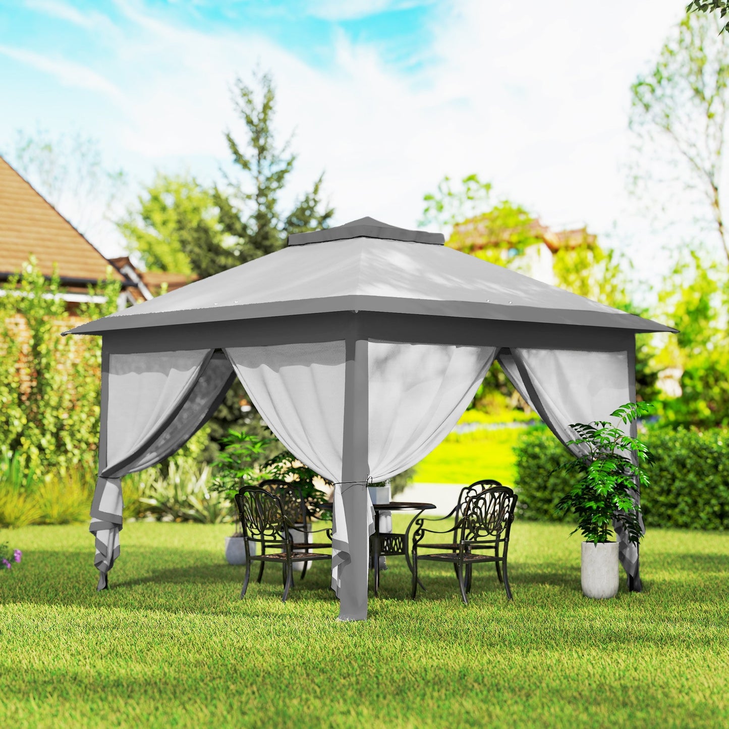 3.3 x 3.3m Pop Up Gazebo, Double Roof Foldable Canopy Tent with Zipped Mesh Sidewalls, Height Adjustable and Carrying Bag, Event Tent for Patio Garden, Grey