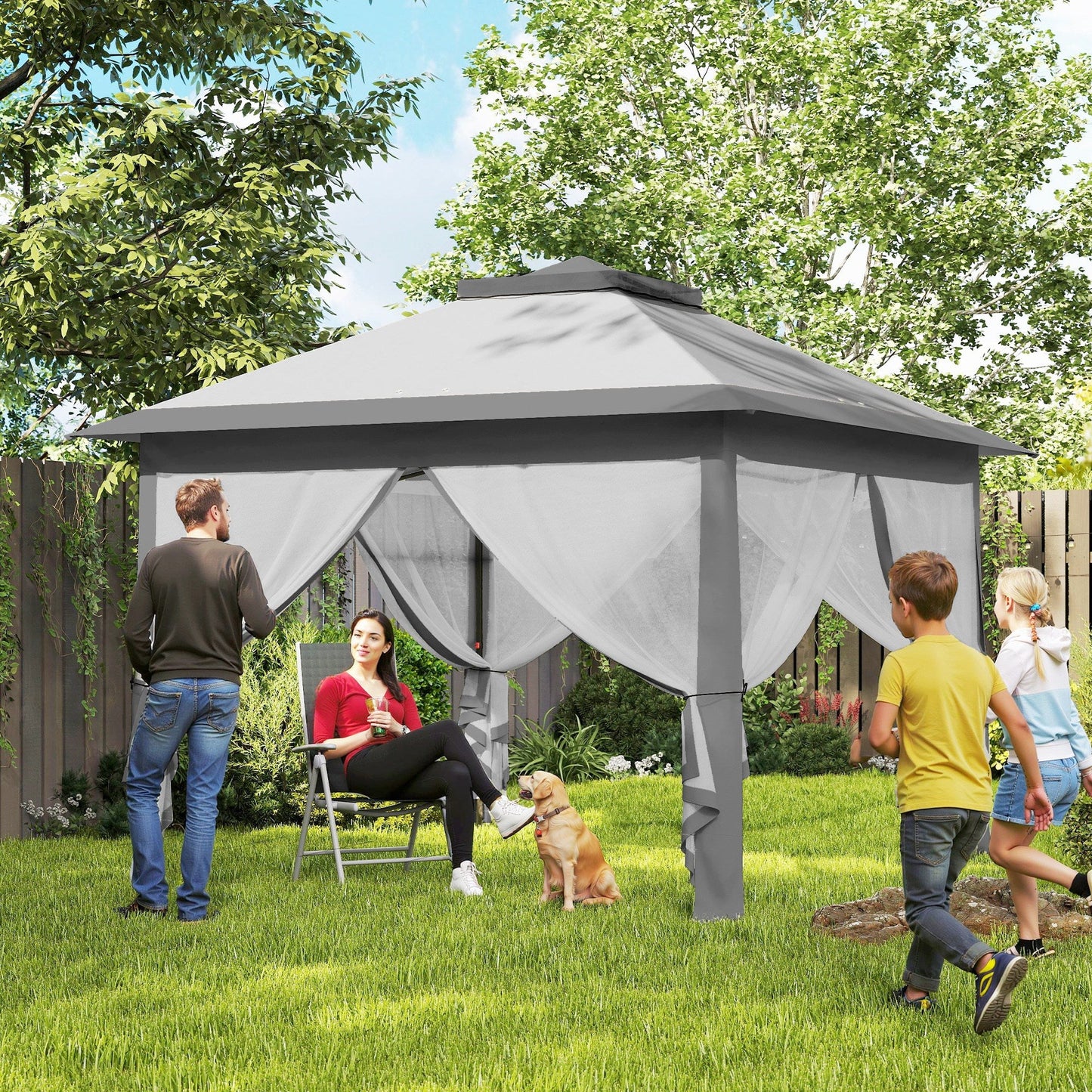 3.3 x 3.3m Pop Up Gazebo, Double Roof Foldable Canopy Tent with Zipped Mesh Sidewalls, Height Adjustable and Carrying Bag, Event Tent for Patio Garden, Grey