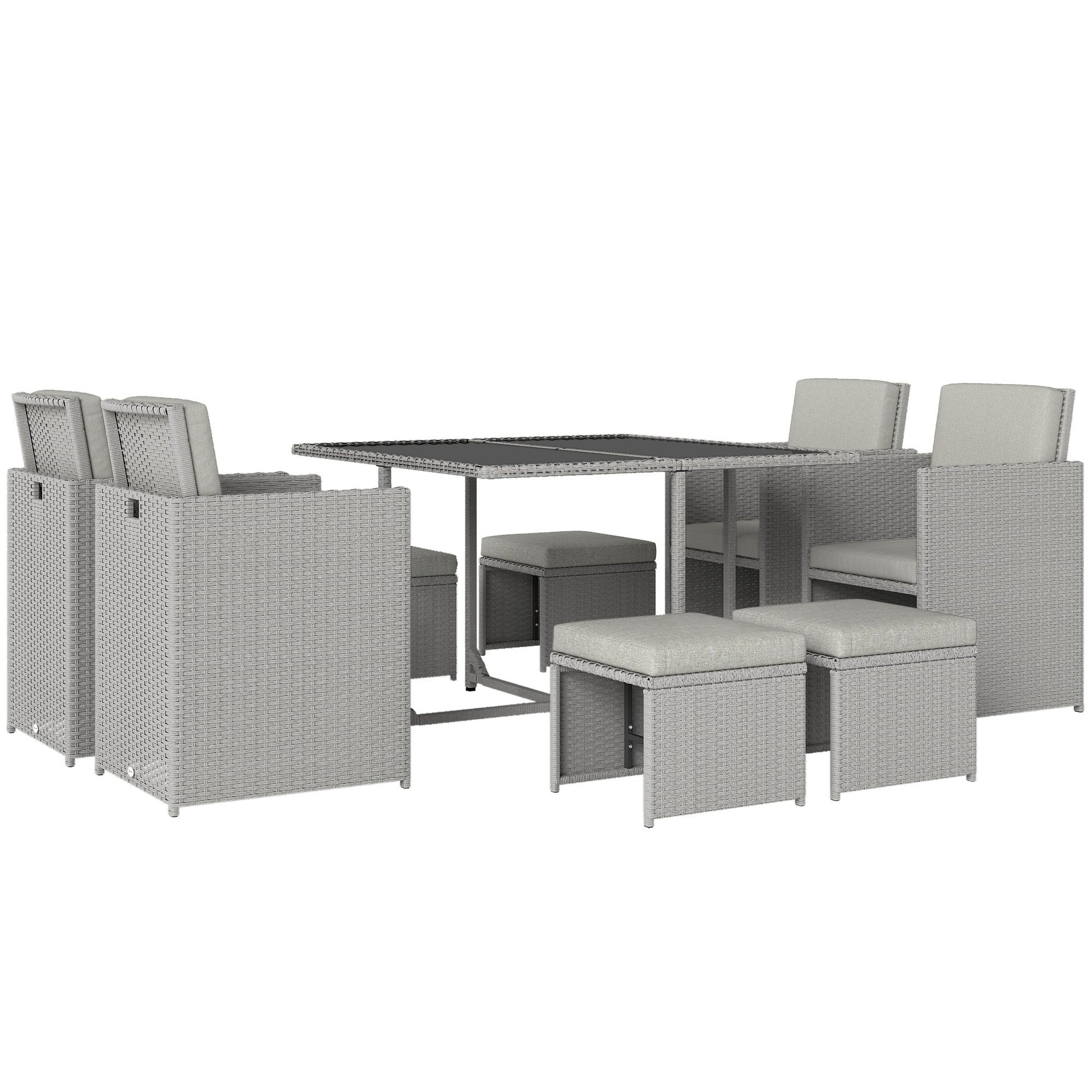 8 Seater Rattan Cube Garden Furniture Set, Space Saving Outdoor Dining Set with Cushions, Garden Table and Chairs with 4 Armchairs, 4 Footstools, Square Glass Top Table, Light Grey