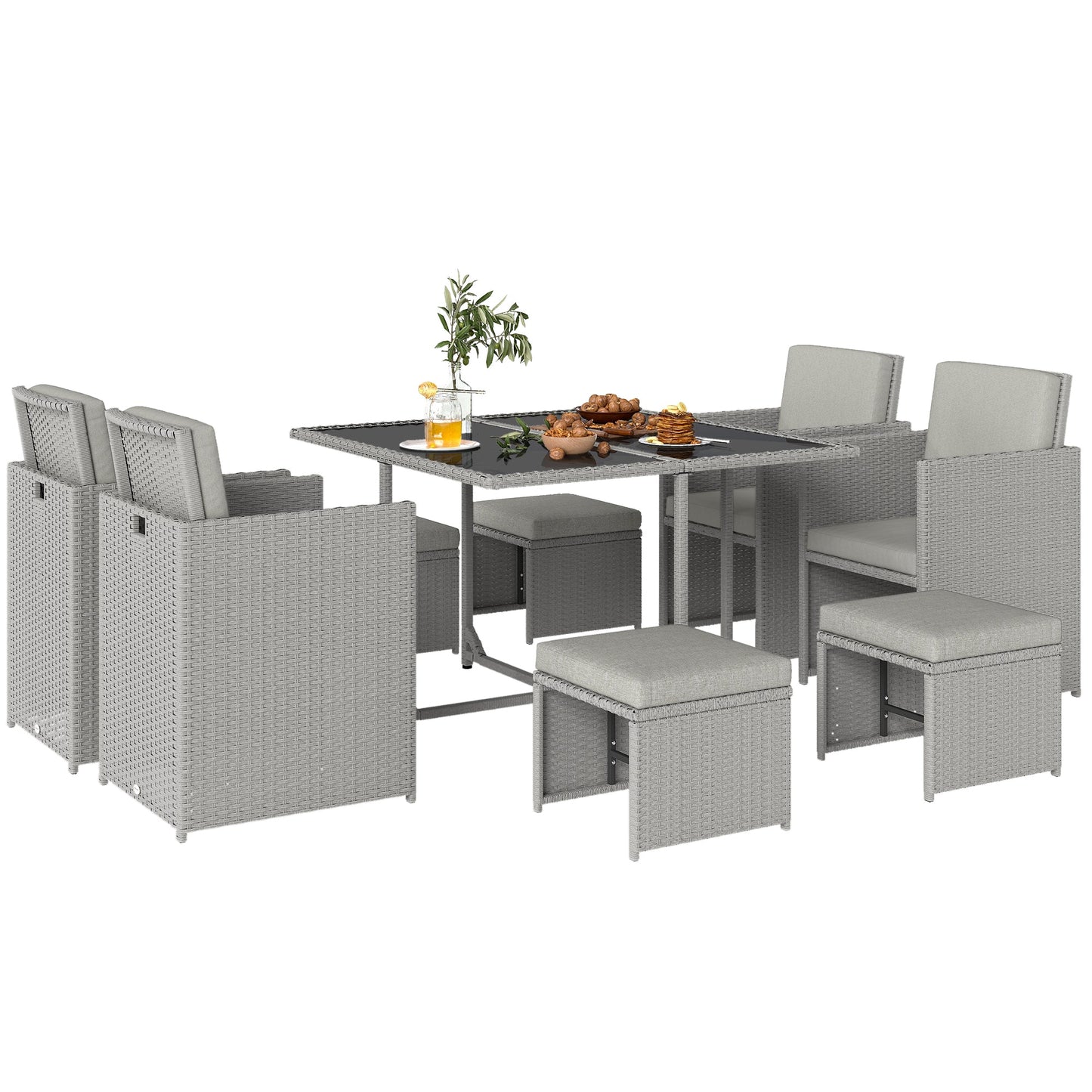 8 Seater Rattan Cube Garden Furniture Set, Space Saving Outdoor Dining Set with Cushions, Garden Table and Chairs with 4 Armchairs, 4 Footstools, Square Glass Top Table, Light Grey