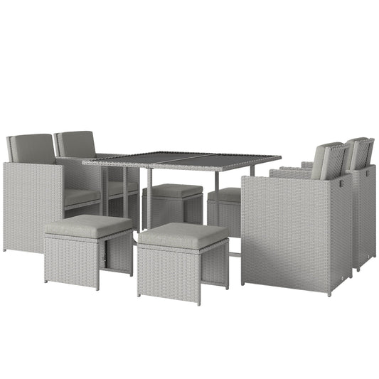 8 Seater Rattan Cube Garden Furniture Set, Space Saving Outdoor Dining Set with Cushions, Garden Table and Chairs with 4 Armchairs, 4 Footstools, Square Glass Top Table, Light Grey