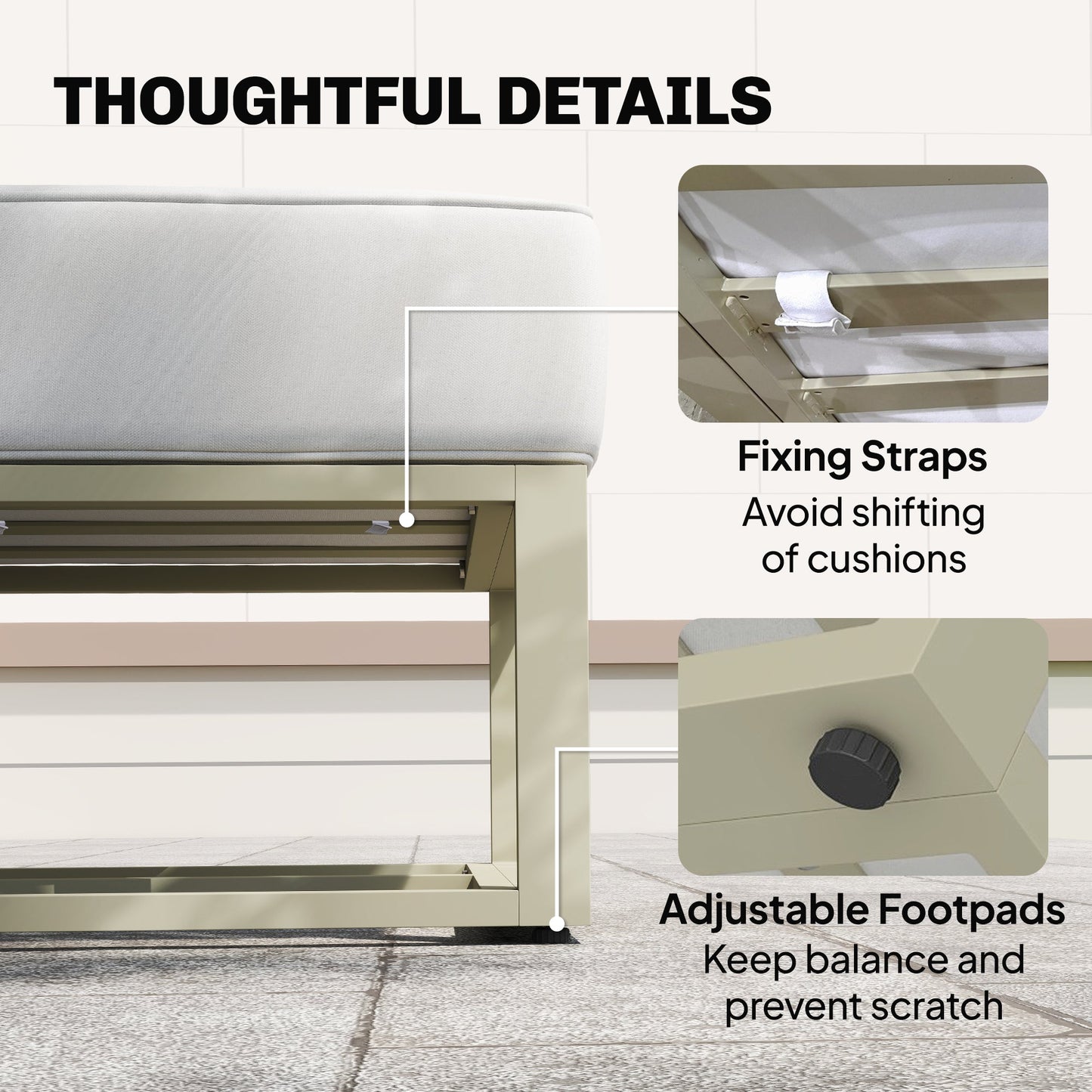 Garden Daybed, 6 Piece Outdoor Sectional Sofa Set, Aluminium Patio Conversation Furniture Set with Coffee Table, Footstool and Cushions, Cream White