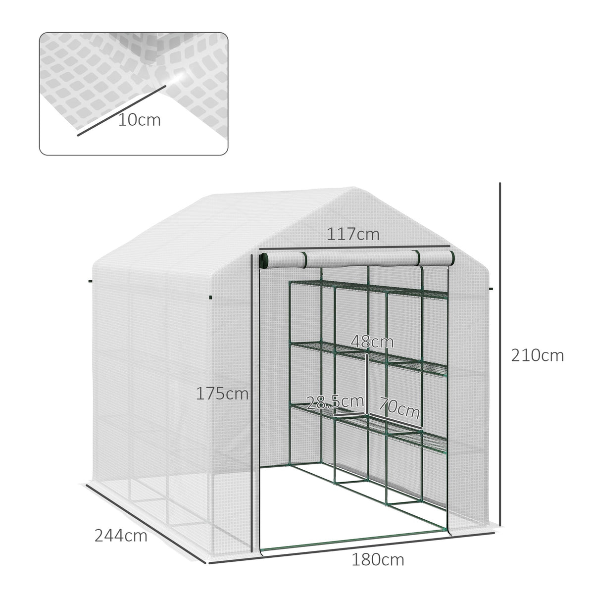 Walk-in Greenhouse with 4 Tier 24 Shelves, Portable Grow House with Roll-up Zipped Door, 244 x 180 x 210 cm, White