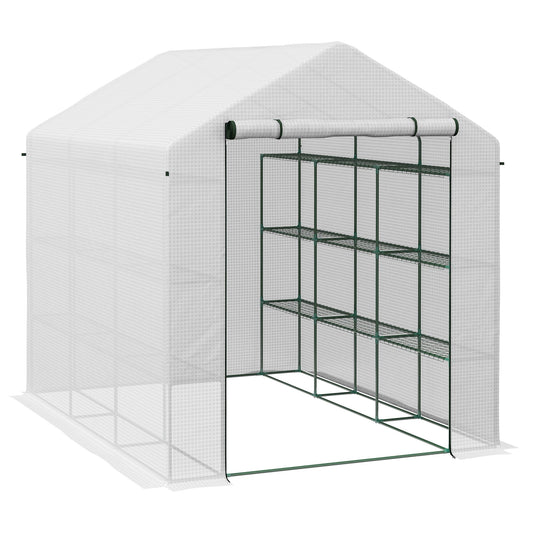 Walk-in Greenhouse with 4 Tier 24 Shelves, Portable Grow House with Roll-up Zipped Door, 244 x 180 x 210 cm, White