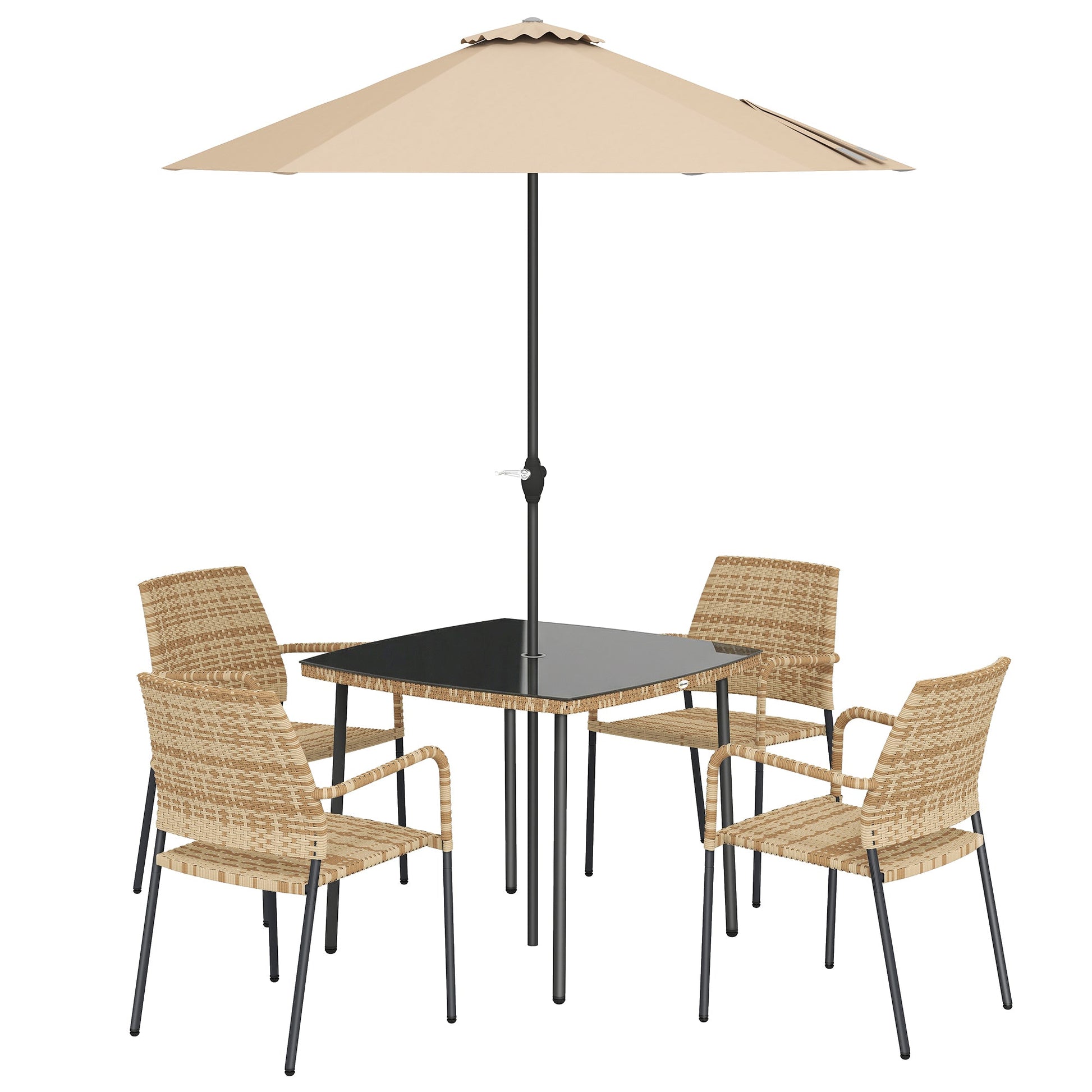 4 Seater Rattan Dining Set with Parasol, 6 Piece Garden Table and Stackable Chairs with Tempered Glass Tabletop, All-Weather Outdoor Rattan Furniture Set for Patio, Light Brown