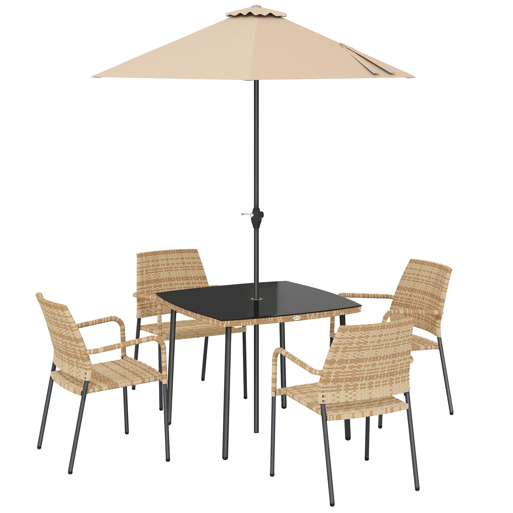 4 Seater Rattan Dining Set with Parasol, 6 Piece Garden Table and Stackable Chairs with Tempered Glass Tabletop, All-Weather Outdoor Rattan Furniture Set for Patio, Light Brown