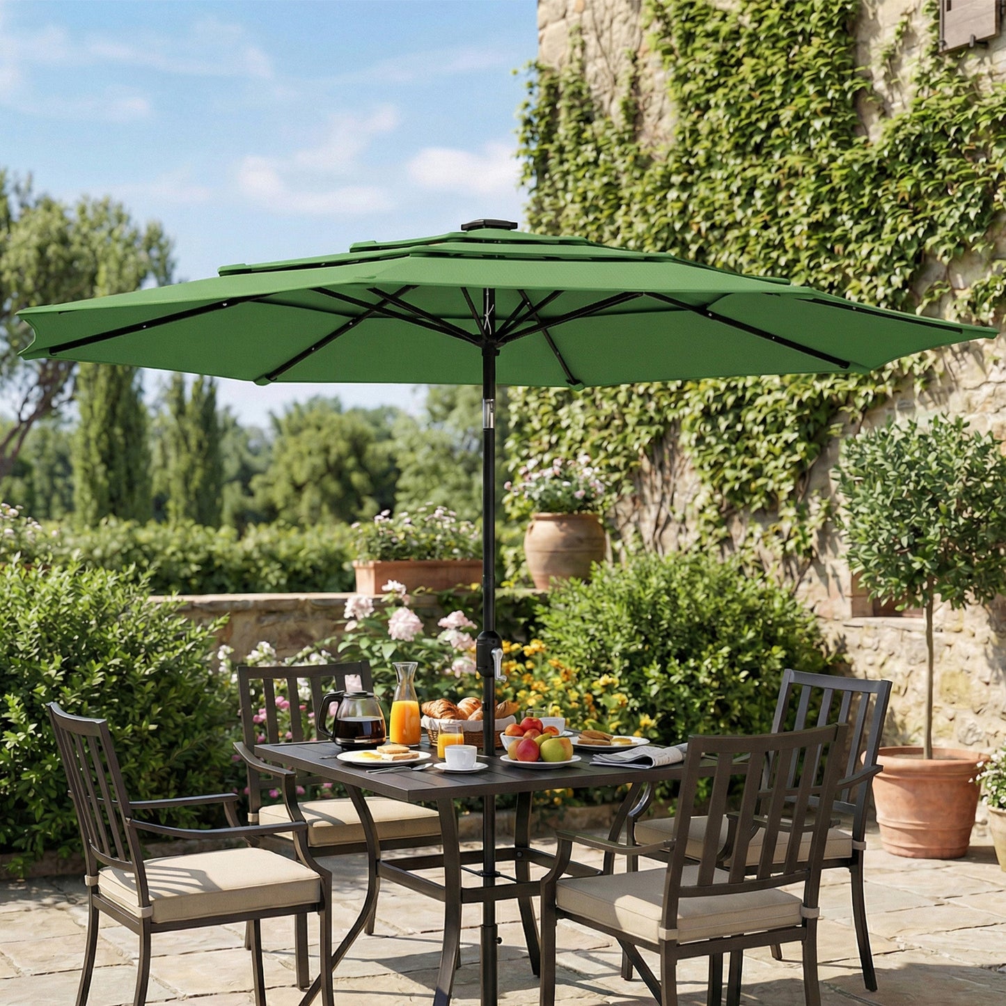 3 m Garden Parasol, Parasol Umbrella with 3-tier Roof, Crank Handle, Tilt Function, Polyester Canopy, Outdoor Table Umbrella for Patio, Garden, Green