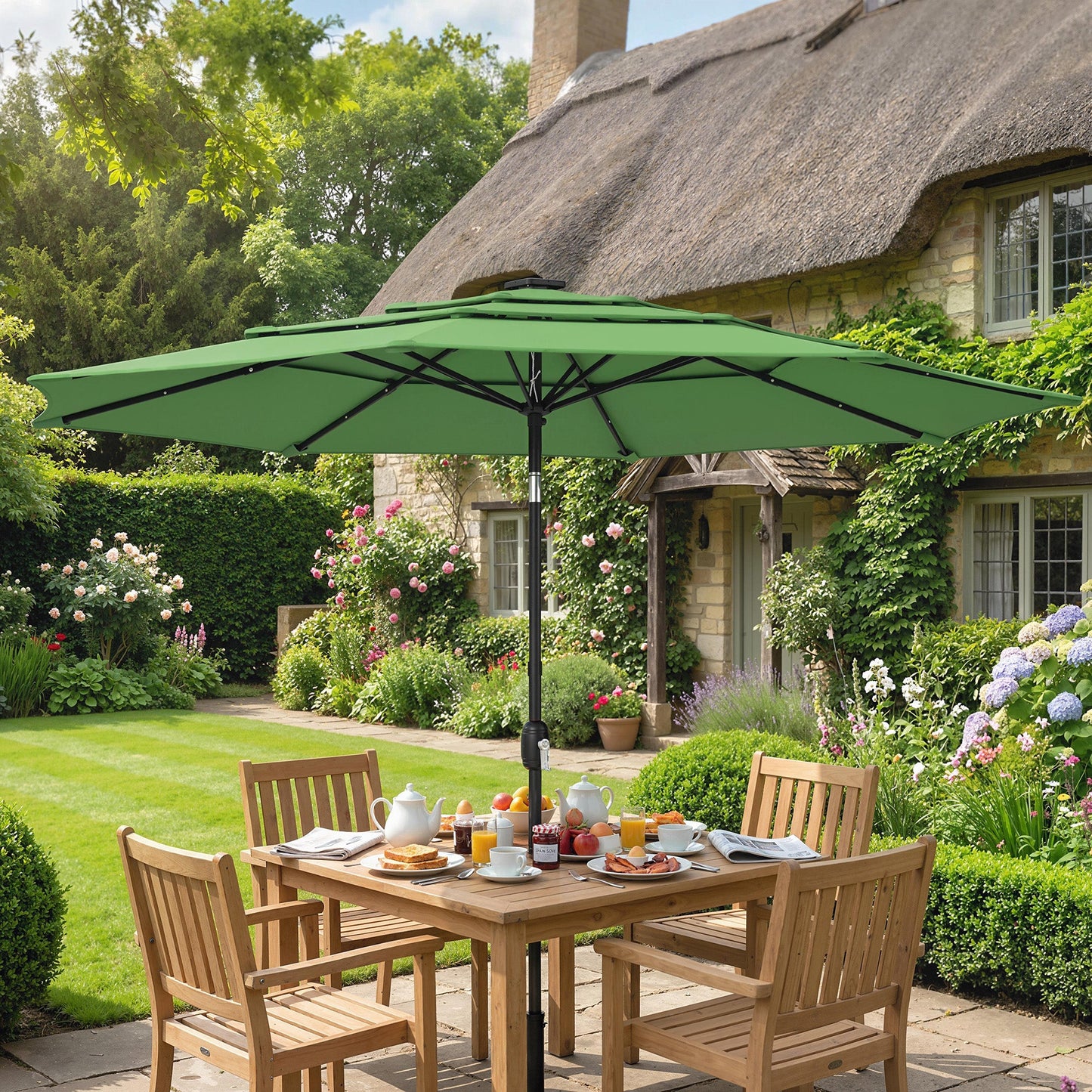 3 m Garden Parasol, Parasol Umbrella with 3-tier Roof, Crank Handle, Tilt Function, Polyester Canopy, Outdoor Table Umbrella for Patio, Garden, Green