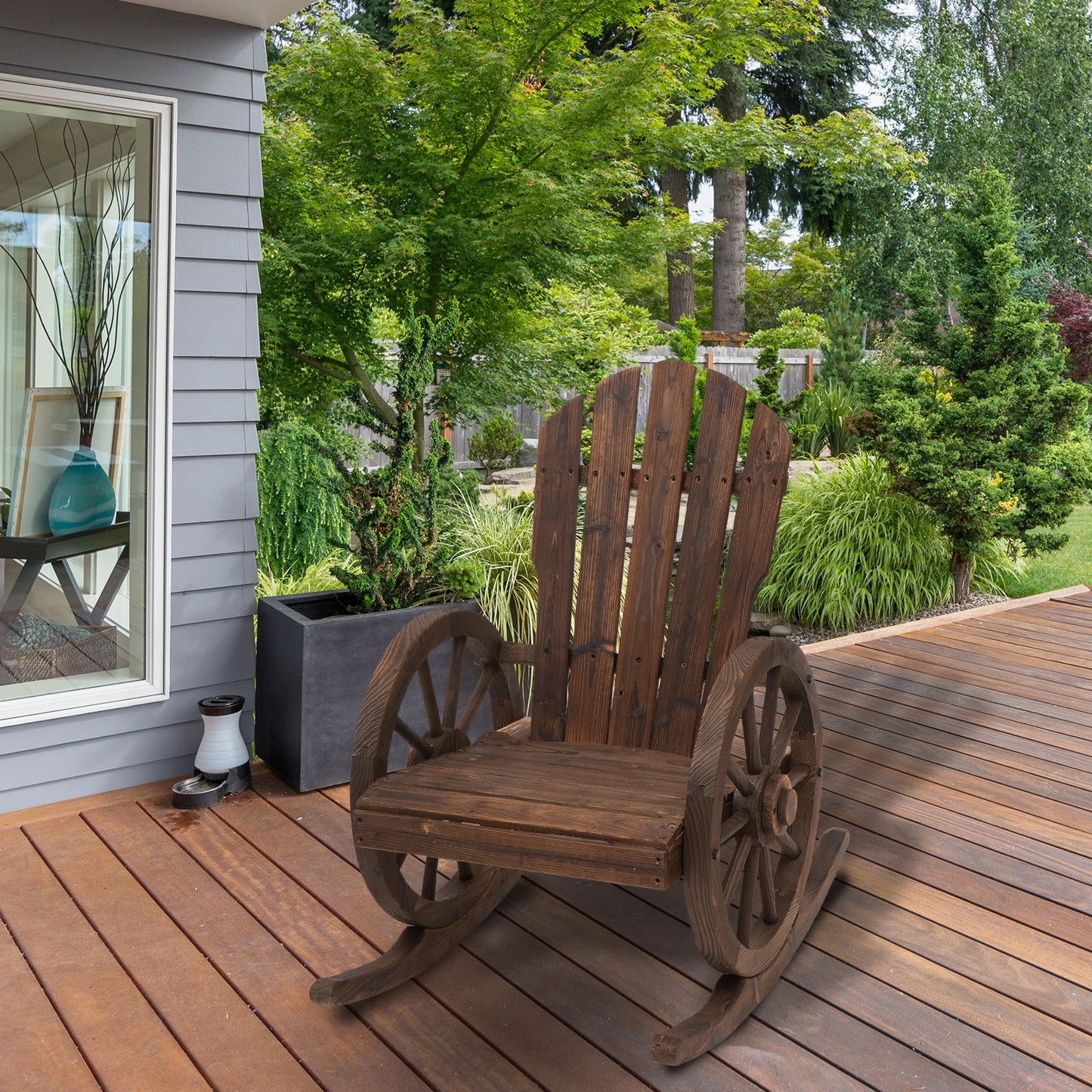 Wooden Adirondack Rocking Chair Reclining Armchair Outdoor Garden Furniture Patio Porch Rocker - Carbonized Wood Colour