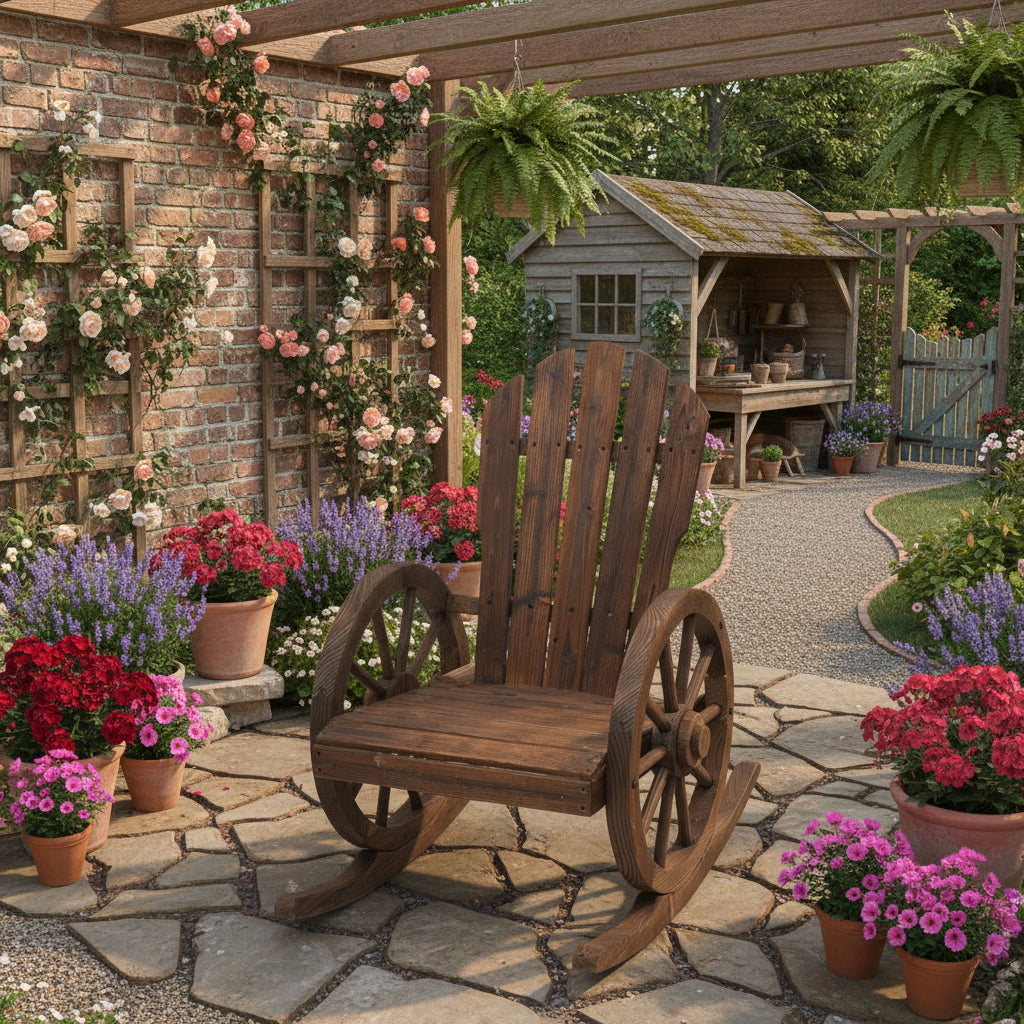 Wooden Adirondack Rocking Chair Reclining Armchair Outdoor Garden Furniture Patio Porch Rocker - Carbonized Wood Colour