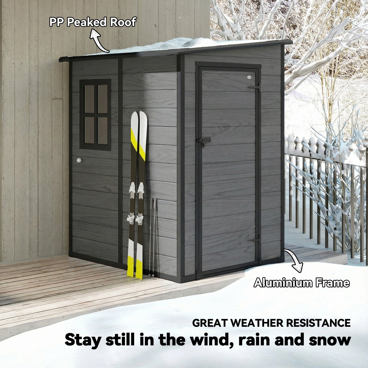 4 x 5FT Plastic Garden Shed with Floor, Lean to Outdoor Storage Shed, Lockable Tool Storage House with Window, Vent and Plastic Roof, Wood-Effect