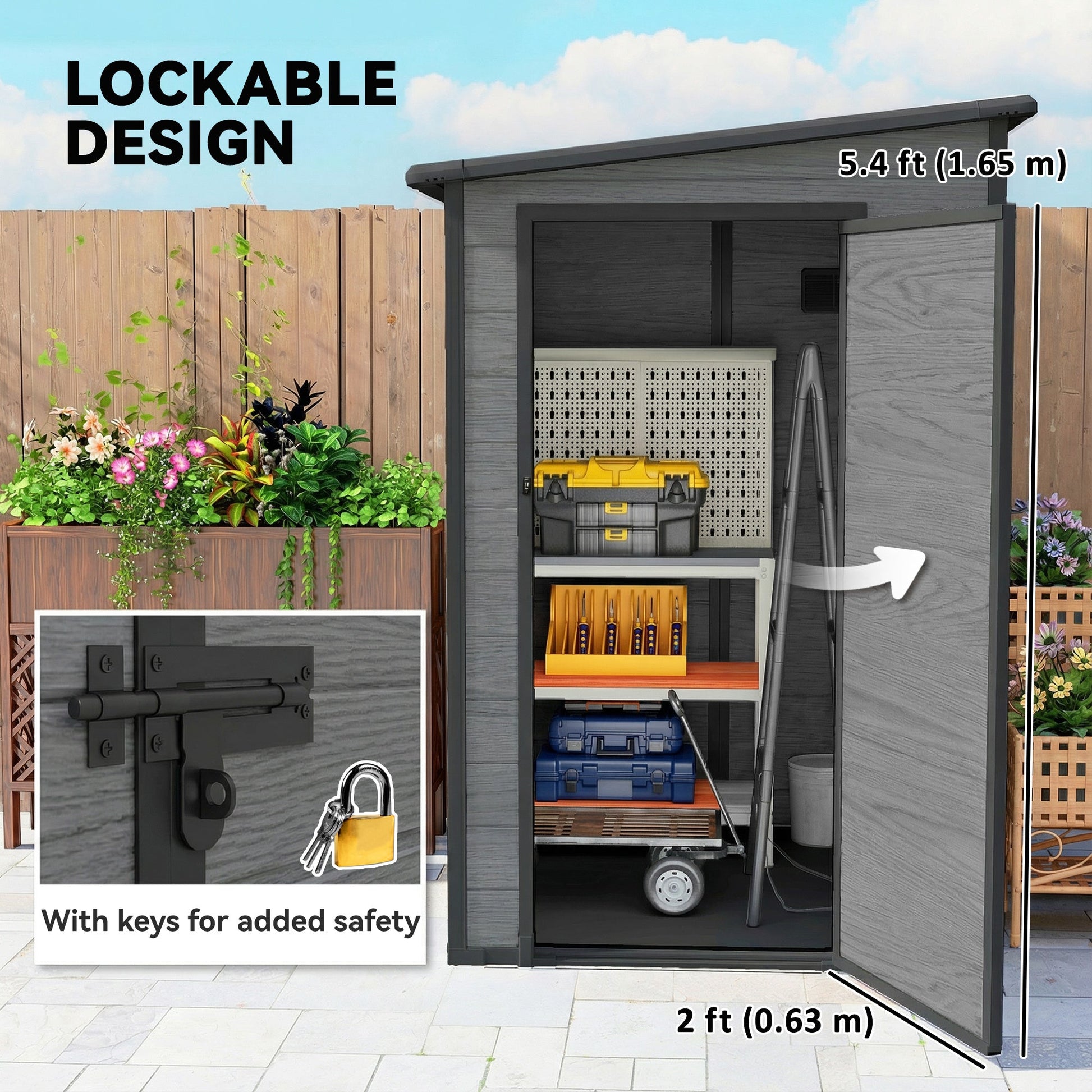 4 x 5FT Plastic Garden Shed with Floor, Lean to Outdoor Storage Shed, Lockable Tool Storage House with Window, Vent and Plastic Roof, Wood-Effect