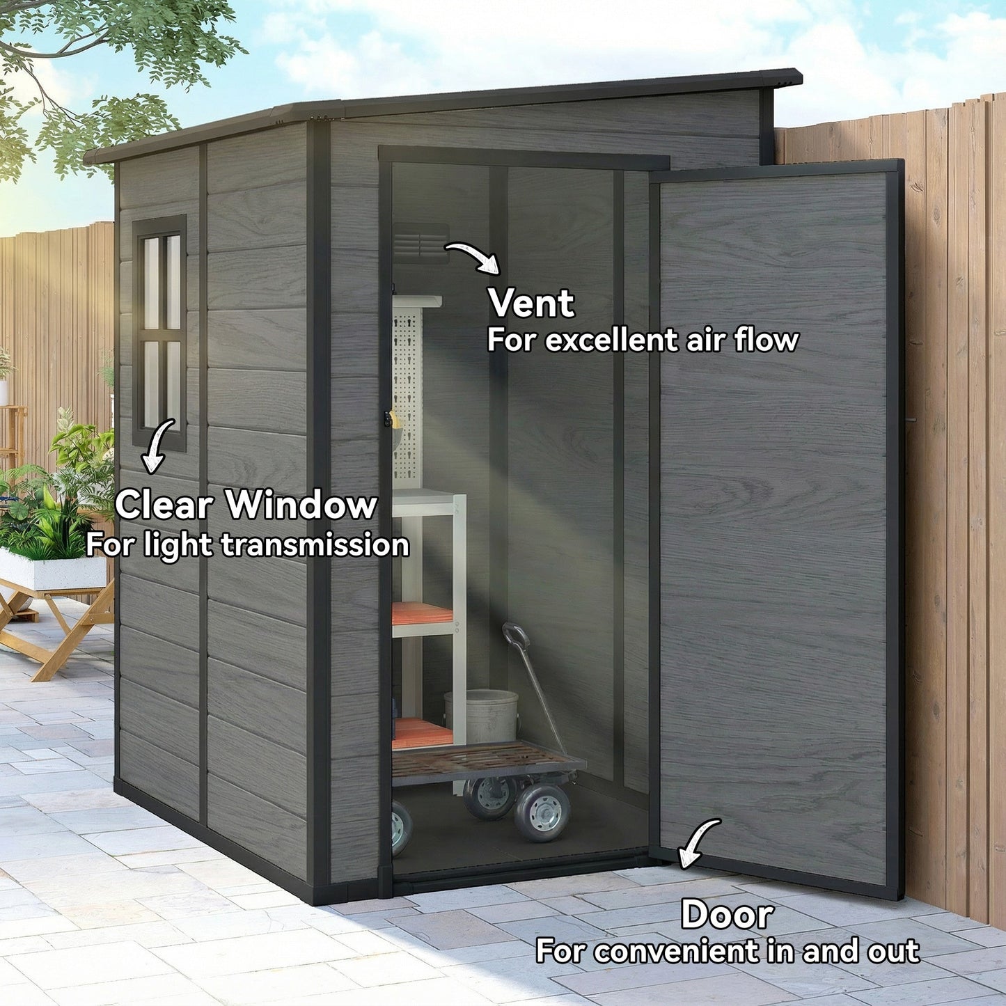 4 x 5FT Plastic Garden Shed with Floor, Lean to Outdoor Storage Shed, Lockable Tool Storage House with Window, Vent and Plastic Roof, Wood-Effect
