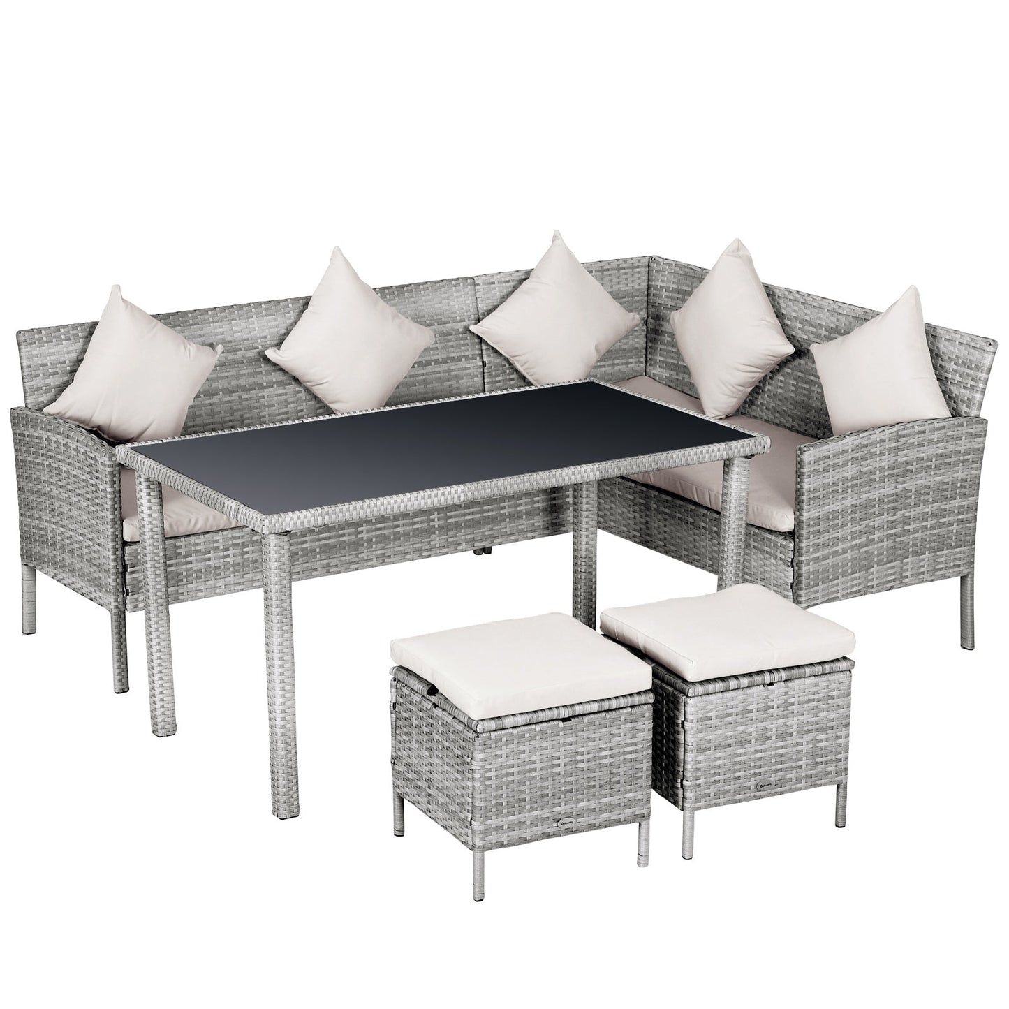 5 Pieces Rattan Garden Furniture Set, 6 Seater Wicker Dining Set, Corner Garden Sofa Outdoor Furniture Set with Glass Top Table, Footstool and Cushions for Patio, Beige