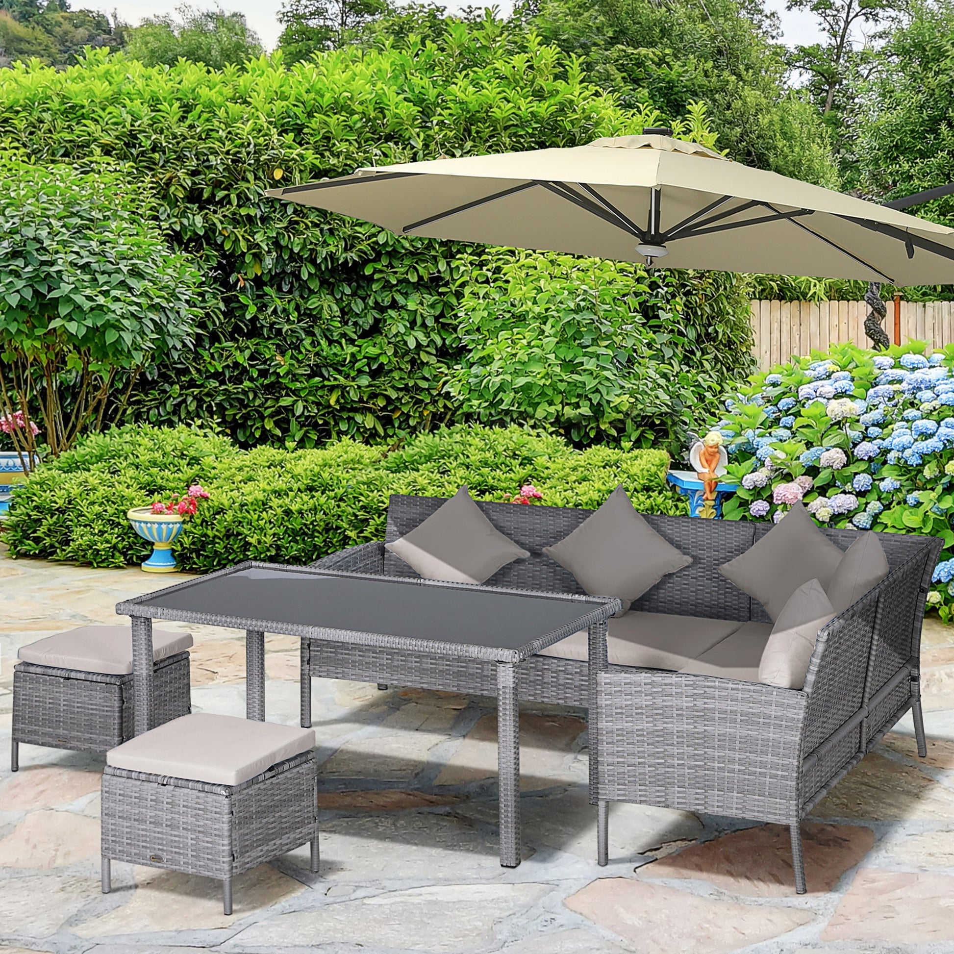 5 Pieces Rattan Garden Furniture Set, 6 Seater Wicker Dining Set, Corner Garden Sofa Outdoor Furniture Set with Glass Top Table, Footstool and Cushions for Patio, Beige