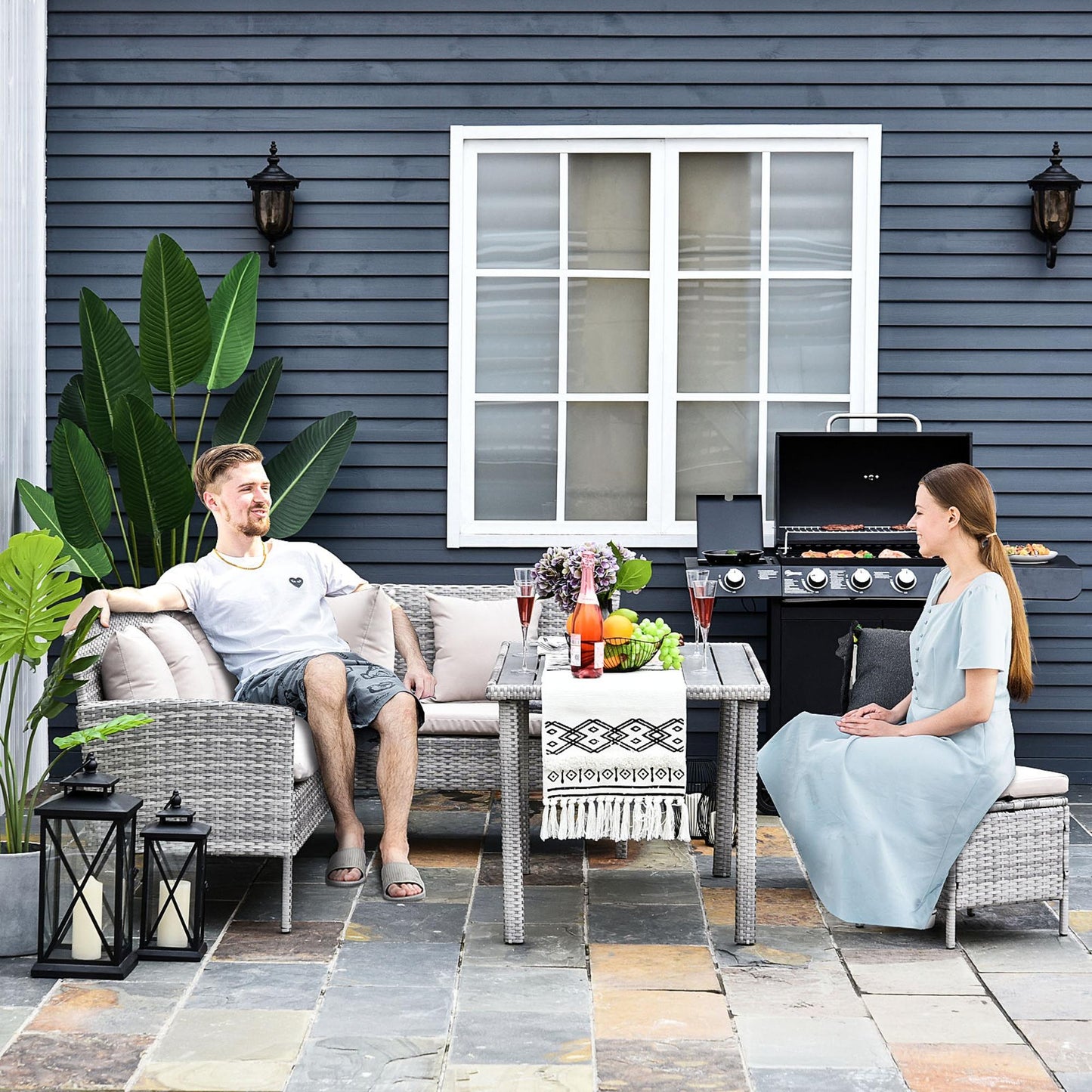 5 Pieces Rattan Garden Furniture Set, 6 Seater Wicker Dining Set, Corner Garden Sofa Outdoor Furniture Set with Glass Top Table, Footstool and Cushions for Patio, Beige