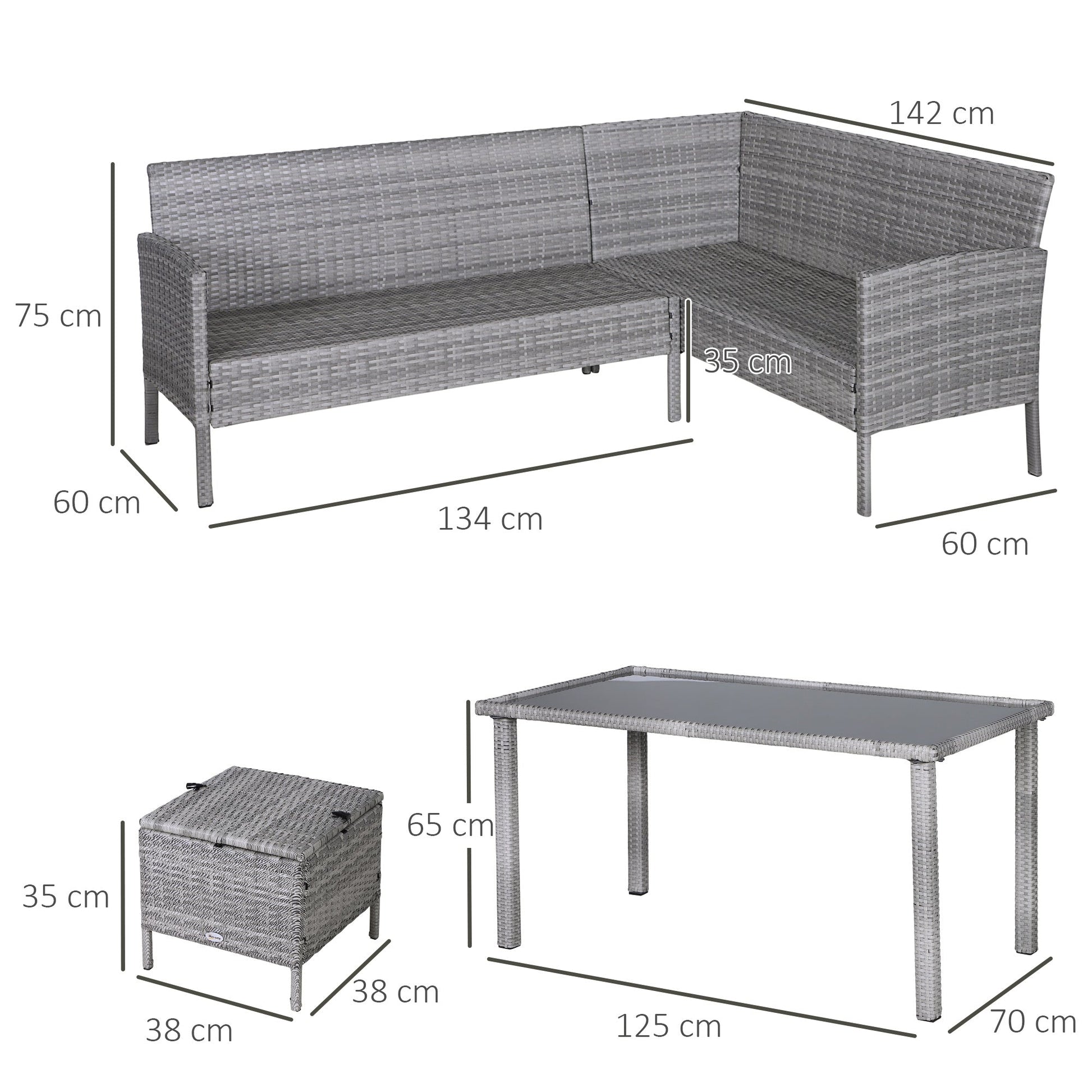 5 Pieces Rattan Garden Furniture Set, 6 Seater Wicker Dining Set, Corner Garden Sofa Outdoor Furniture Set with Glass Top Table, Footstool and Cushions for Patio, Beige