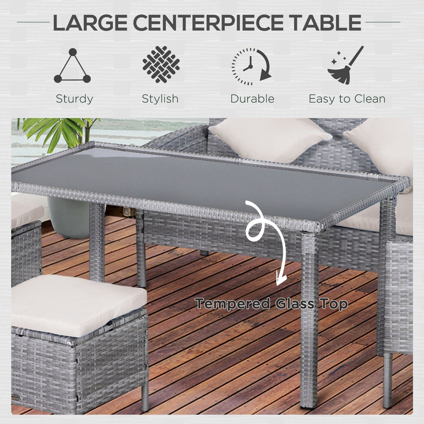 5 Pieces Rattan Garden Furniture Set, 6 Seater Wicker Dining Set, Corner Garden Sofa Outdoor Furniture Set with Glass Top Table, Footstool and Cushions for Patio, Beige
