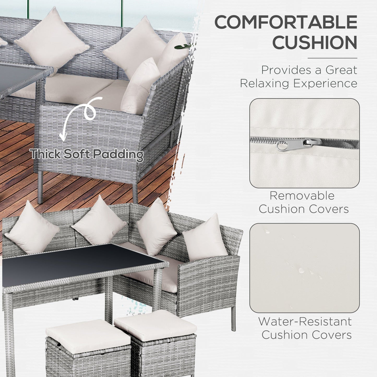 5 Pieces Rattan Garden Furniture Set, 6 Seater Wicker Dining Set, Corner Garden Sofa Outdoor Furniture Set with Glass Top Table, Footstool and Cushions for Patio, Beige