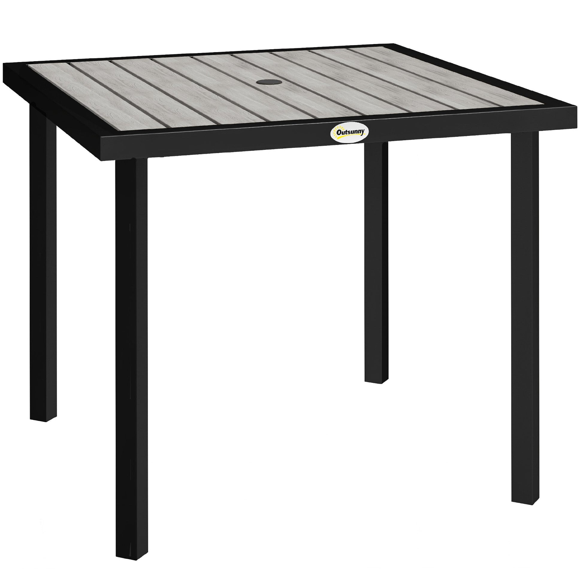 Garden Table for 4 Person, Square 86 x 86 x 71cm Patio Outdoor Dining Table with 5.4cm Parasol Hole, Easy Clean Slatted Top, Metal Frame, for Balcony, Deck, Light Grey